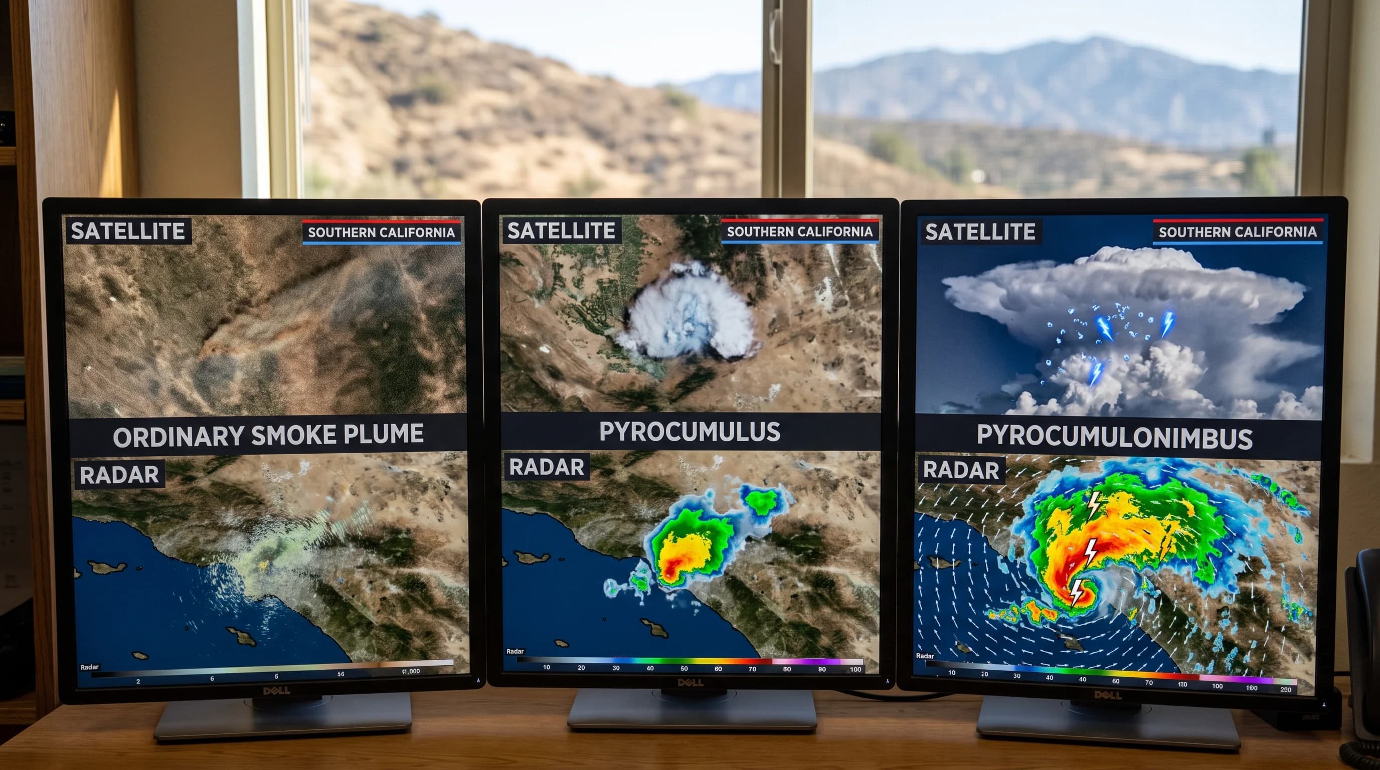 A side-by-side satellite and radar comparison panel showing an ordinary smoke plume with a diffuse haze signature, a pyrocumulus with a defined cold cloud top, and a pyrocumulonimbus with lightning strikes, precipitation echoes, and surface wind arrows indicating downdraft outflow
