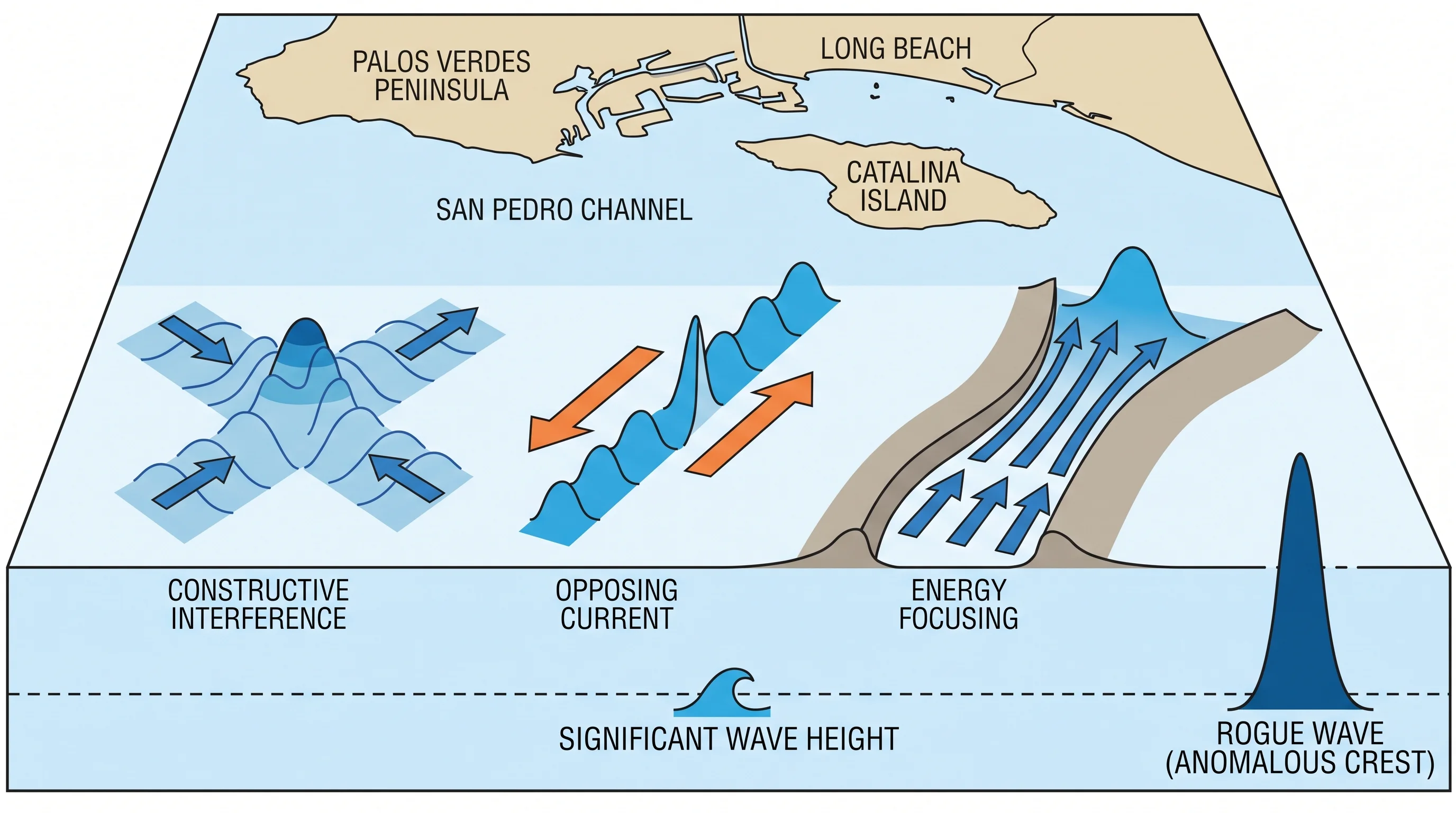 A wave-field diagram showing constructive interference between two crossing wave trains, a wave train steepening against an opposing current, current-driven focusing of wave energy into a narrow zone, and a labeled significant-wave-height reference line for comparison