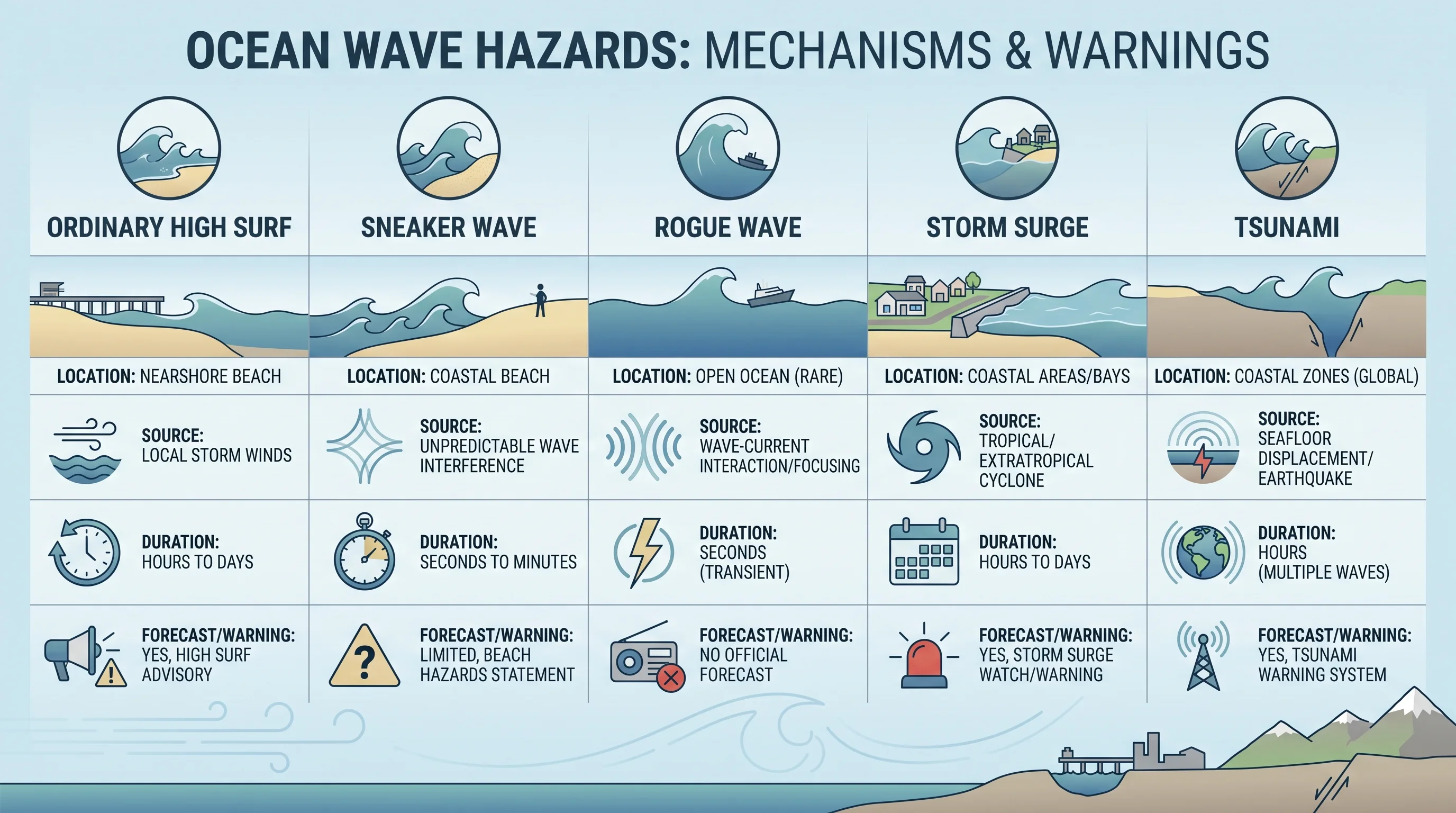 A scale comparison chart placing rogue wave, sneaker wave, ordinary high surf, storm surge, and tsunami side by side by typical location, generating source, duration, and whether an official forecast or warning product exists for each