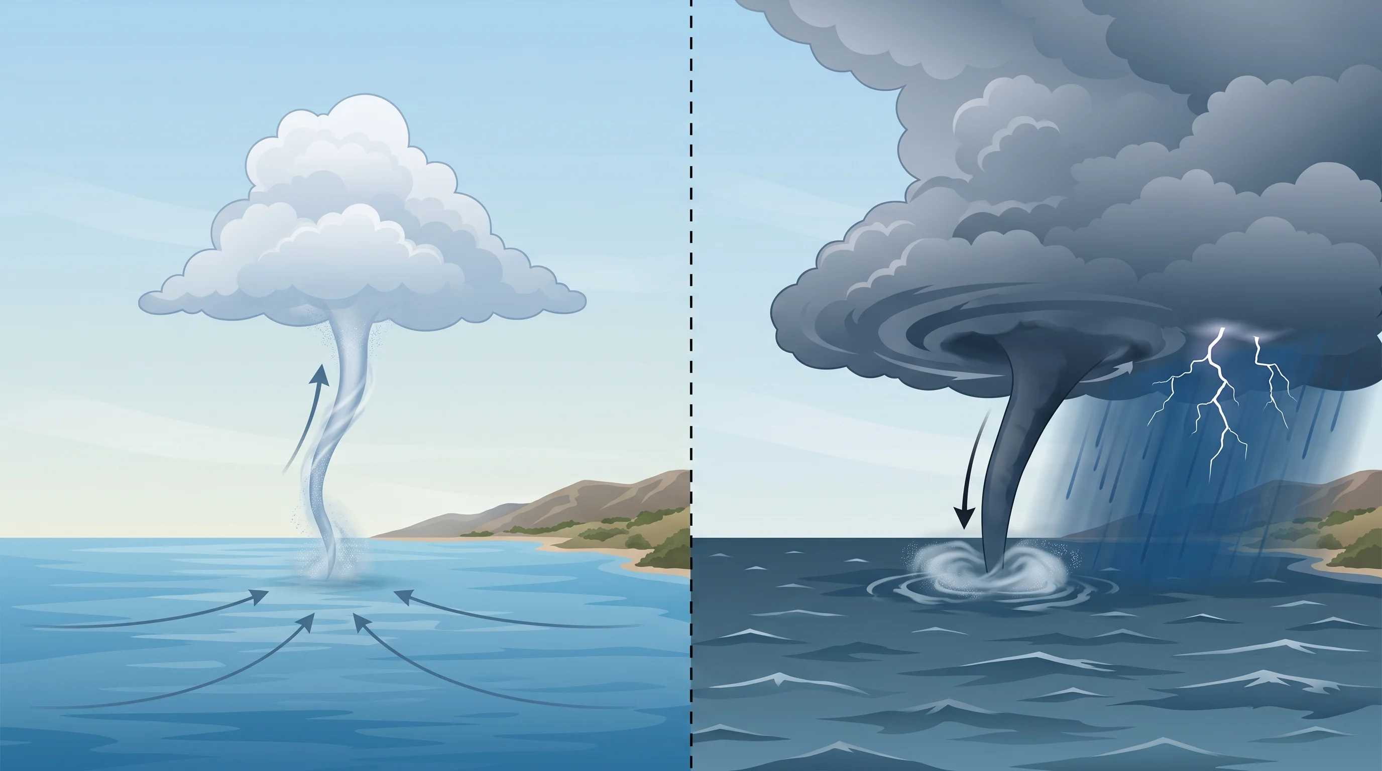 Scientific illustration diagram with two side-by-side formation panels: on the left, a fair-weather waterspout spinning up from the surface beneath a modest growing cumulus cloud with light wind lines converging at the water; on the right, a tornadic waterspout extending down from a tall, organized thunderstorm with lightning and heavier rain shafts