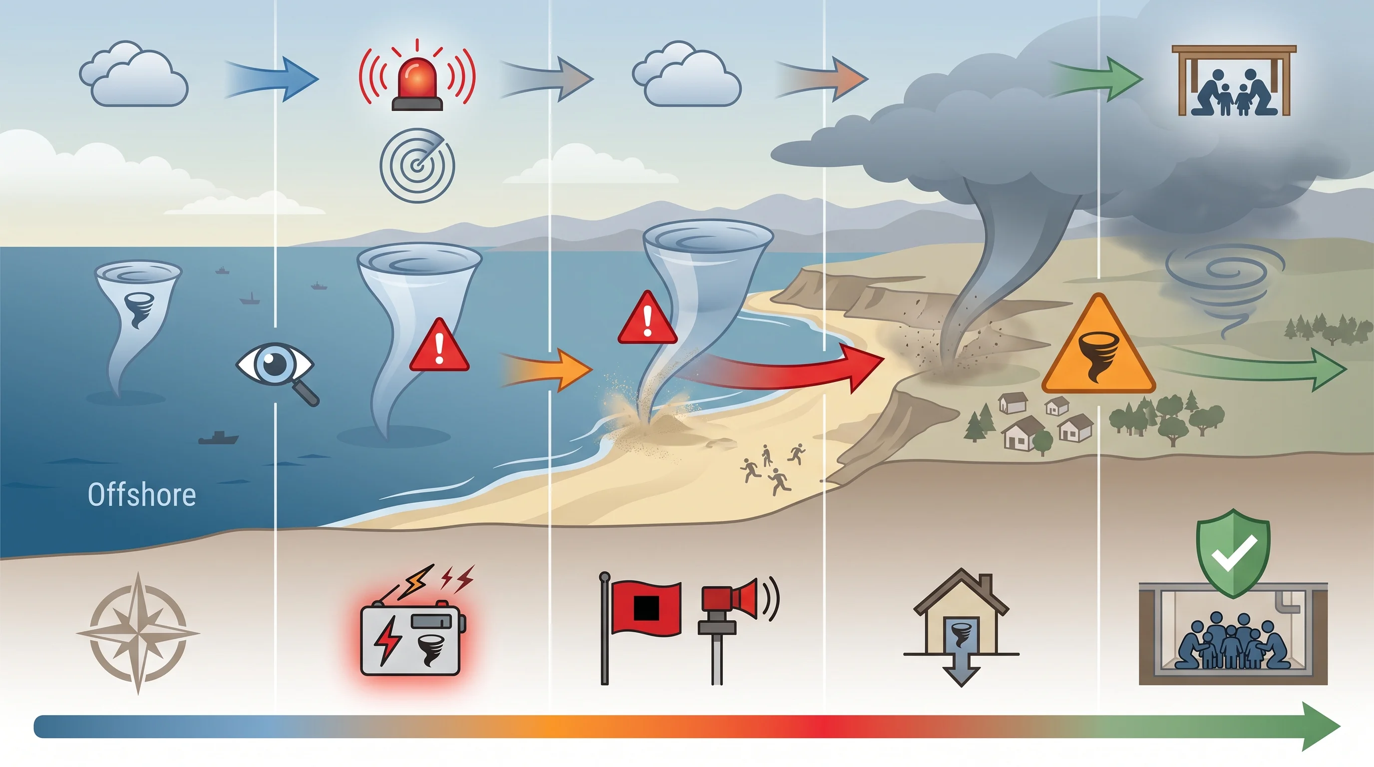 A five-step coastal alert sequence graphic showing a waterspout first observed offshore, a Special Marine Warning or Tornado Warning issued, the vortex tracking toward the beach, possible weakening or continued strength at landfall, and a final panel showing people moving away from the shoreline to shelter