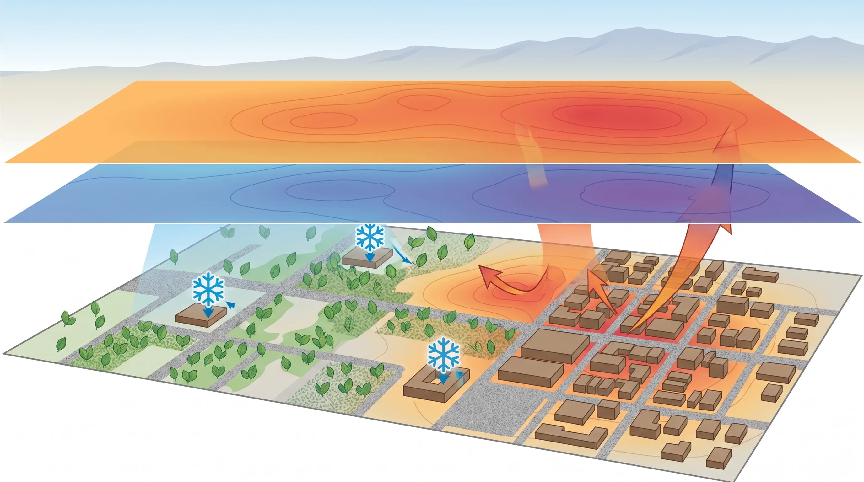 A neighborhood heat-risk graphic combining daytime high temperature, overnight low temperature, tree canopy coverage, pavement density, building density, and cooling-center locations across a Los Angeles inland neighborhood