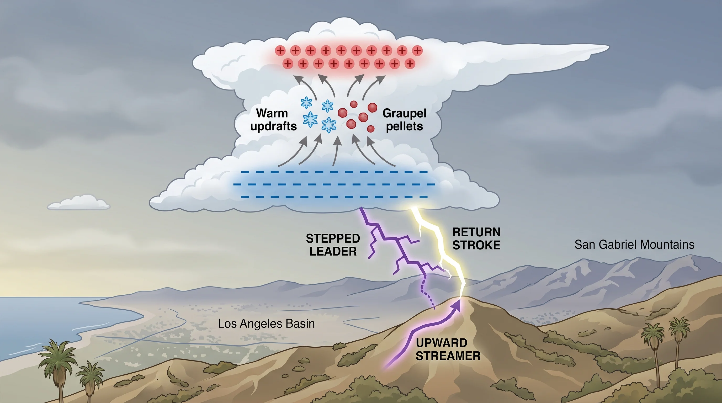 A thundercloud cutaway diagram showing an updraft carrying ice crystals and graupel into collision, stacked positive and negative charge regions, a stepped leader descending in short jumps, an upward streamer rising to meet it, and the return stroke flashing along the completed channel