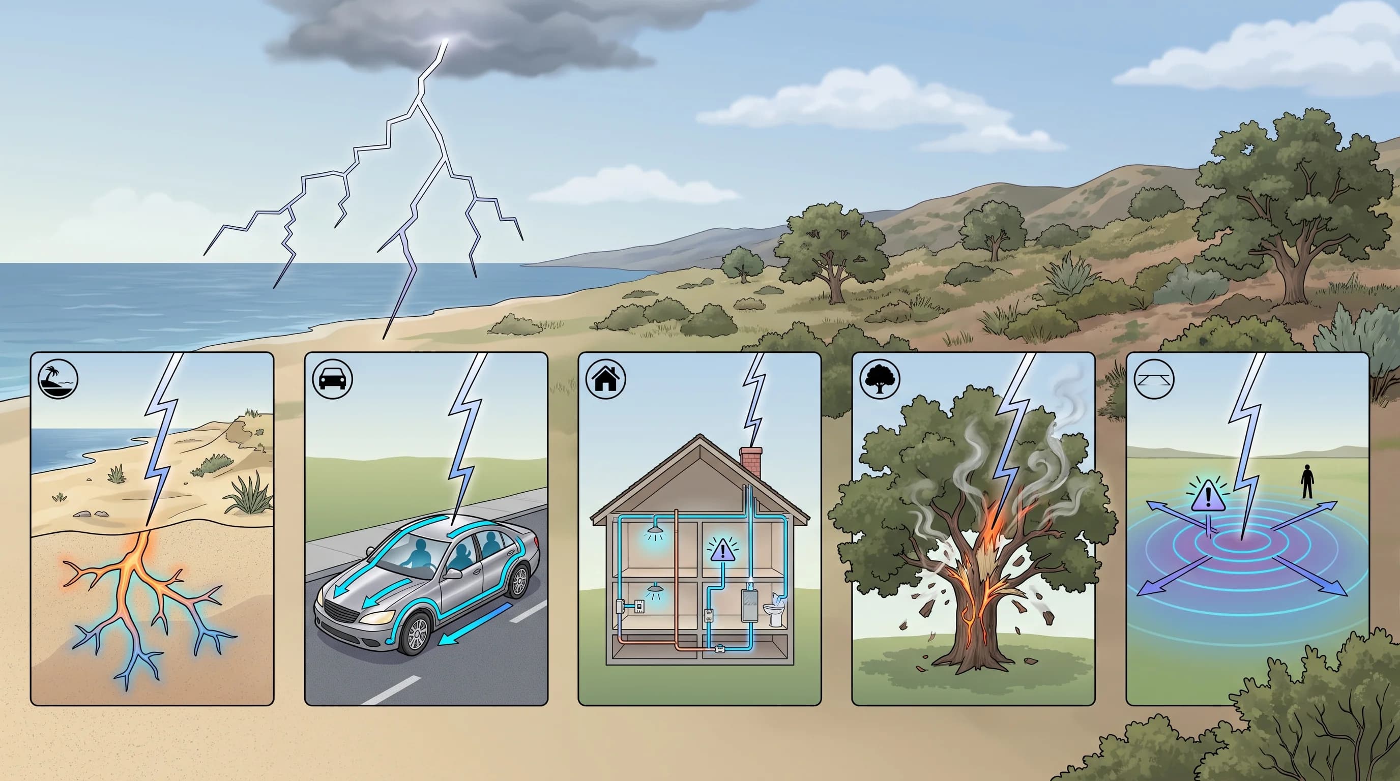 A comparison graphic showing lightning current paths and outcomes across five scenarios: dry beach sand fusing into a fulgurite, a hard-topped vehicle's metal shell routing current around occupants, a house's wiring and plumbing carrying current inside, a tree's sap boiling and bark exploding outward, and open ground with dangerous stepped voltage radiating from the strike point