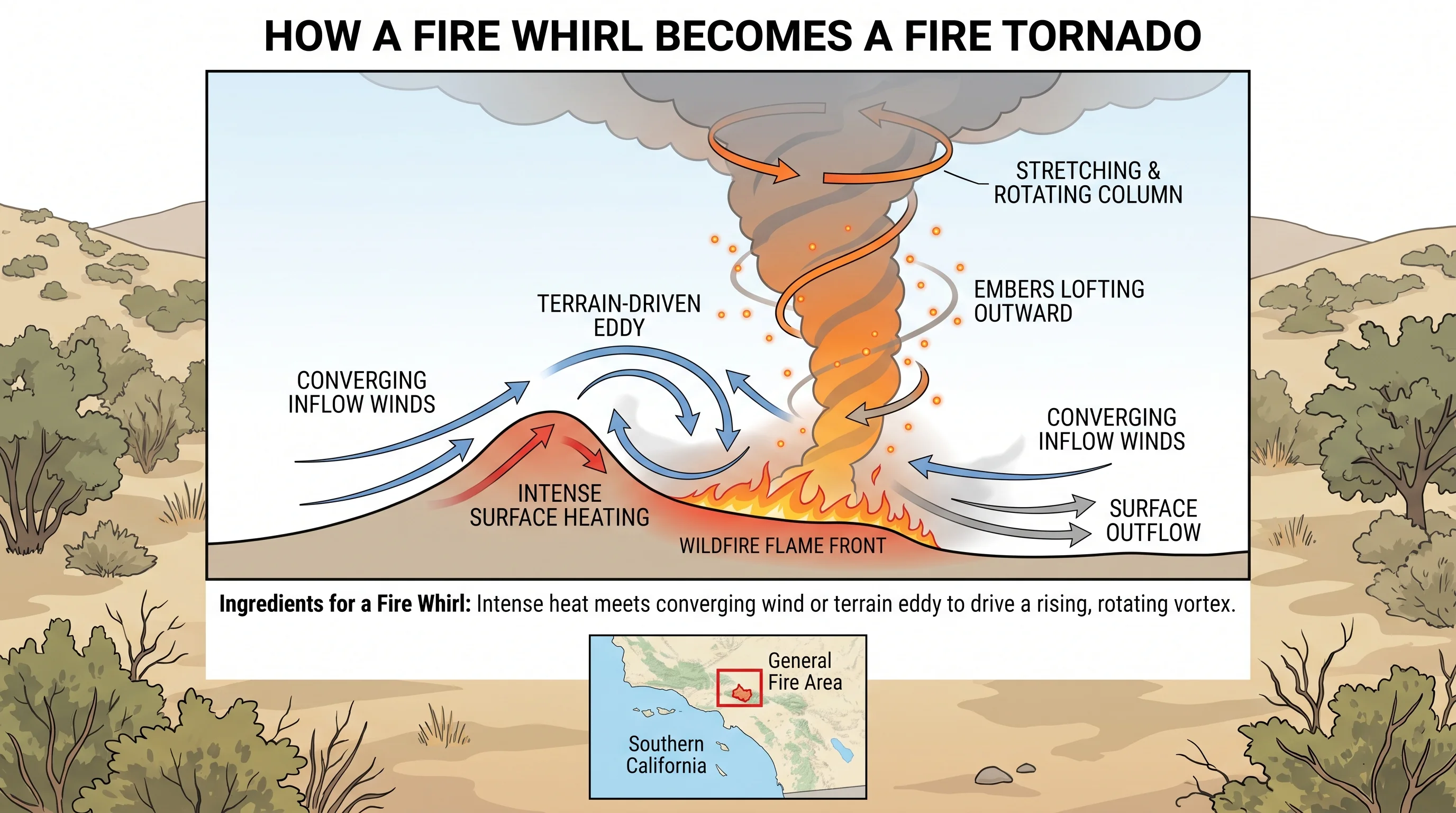 A labeled cross-section diagram of a wildfire fireline showing intense surface heating, converging inflow winds from two directions, a terrain-driven eddy behind a ridge, the column of air stretching and rotating vertically above the flame front, embers lofting outward from the spinning column, and outflow spreading at the surface