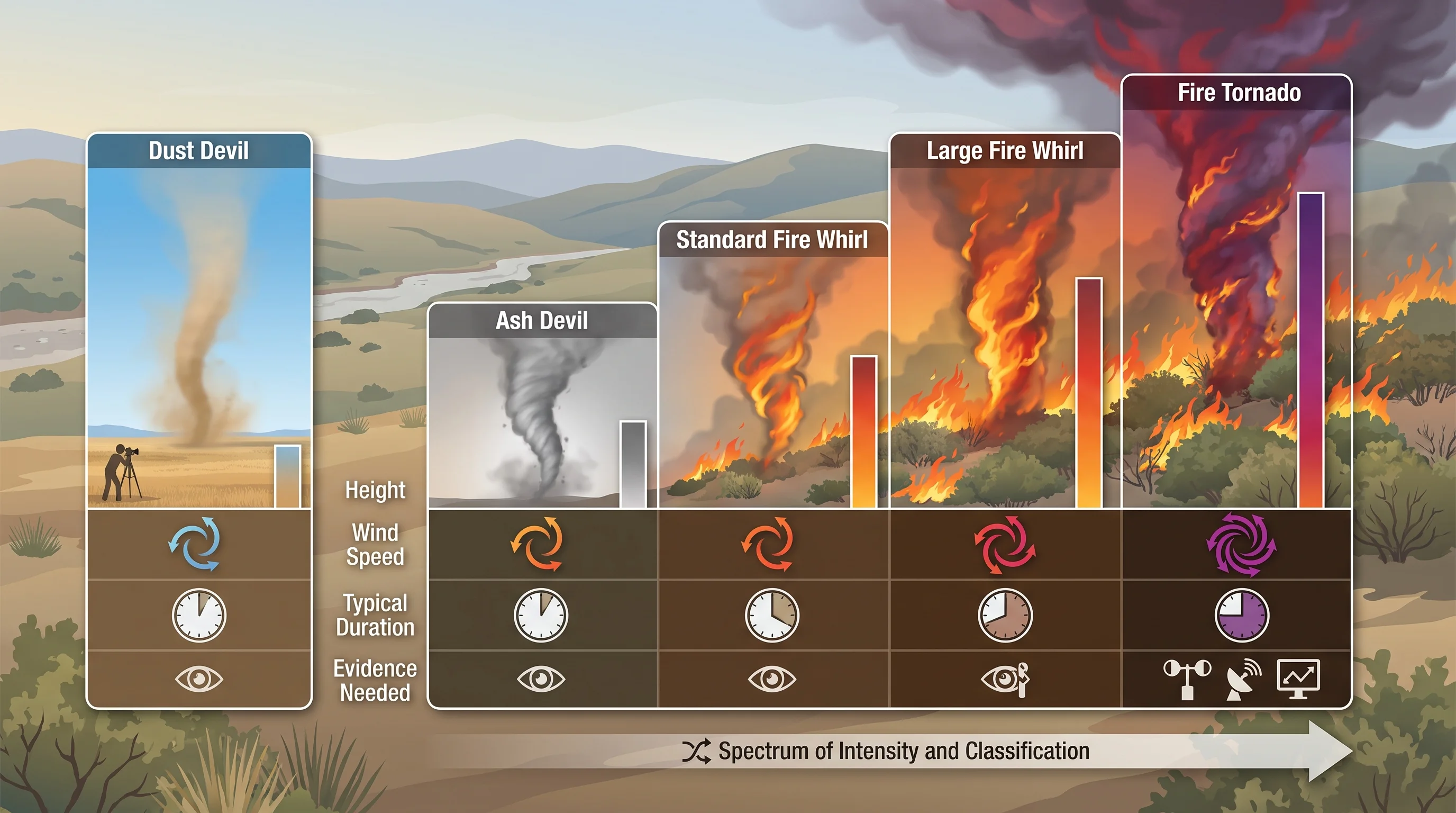 A side-by-side comparison chart ranking ash devil, standard fire whirl, large fire whirl, and fire tornado by height, wind speed, typical duration, and the type of evidence needed to confirm each classification, with a dust devil shown separately for scale comparison