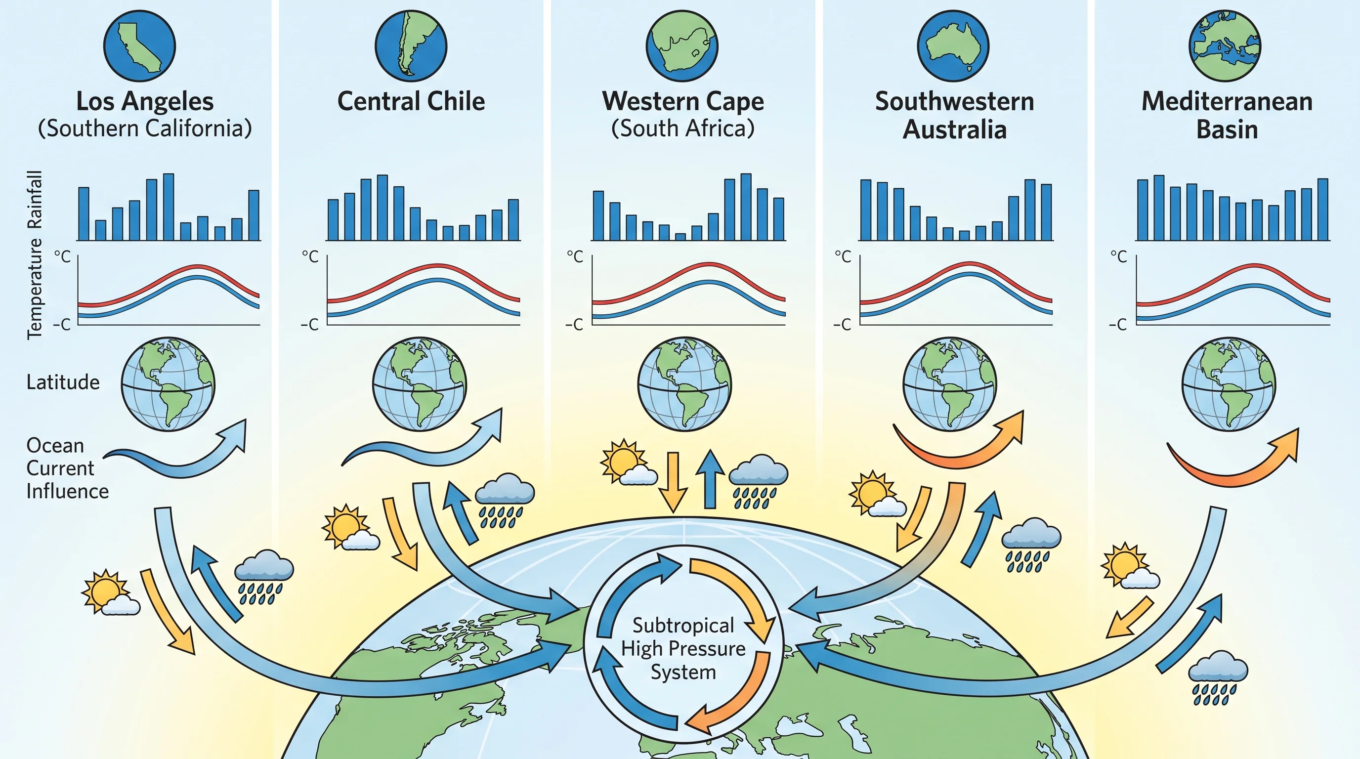 A climate comparison chart for Los Angeles and other Mediterranean-climate regions, including central Chile, South Africa's Western Cape, southwestern Australia, and the Mediterranean Basin, showing monthly rainfall, temperature, latitude, and ocean current influence for each region