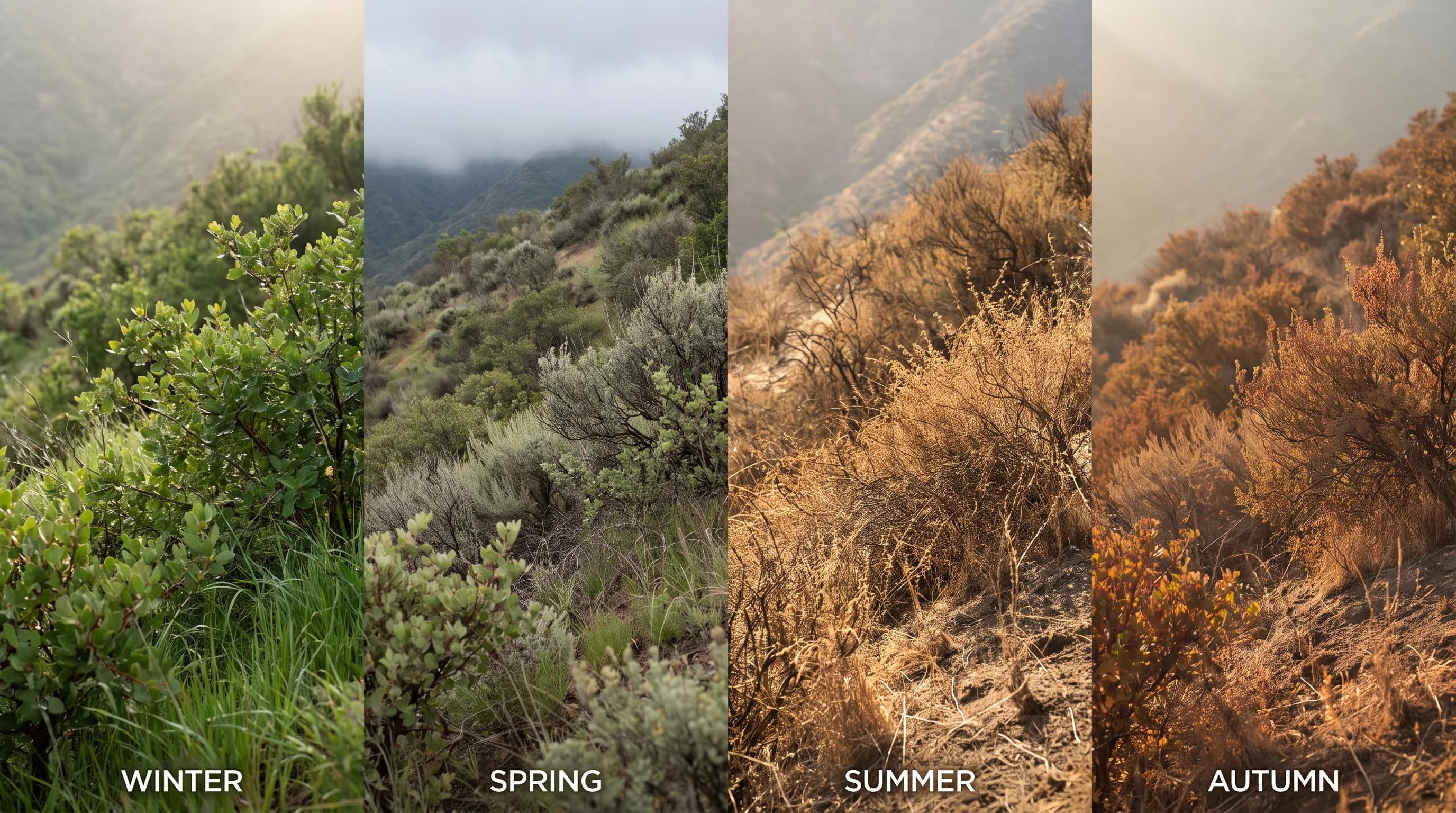 A four-season Los Angeles landscape showing green winter hillsides, spring marine cloud along the coast, a dry sunlit summer basin, and warm autumn light over the city