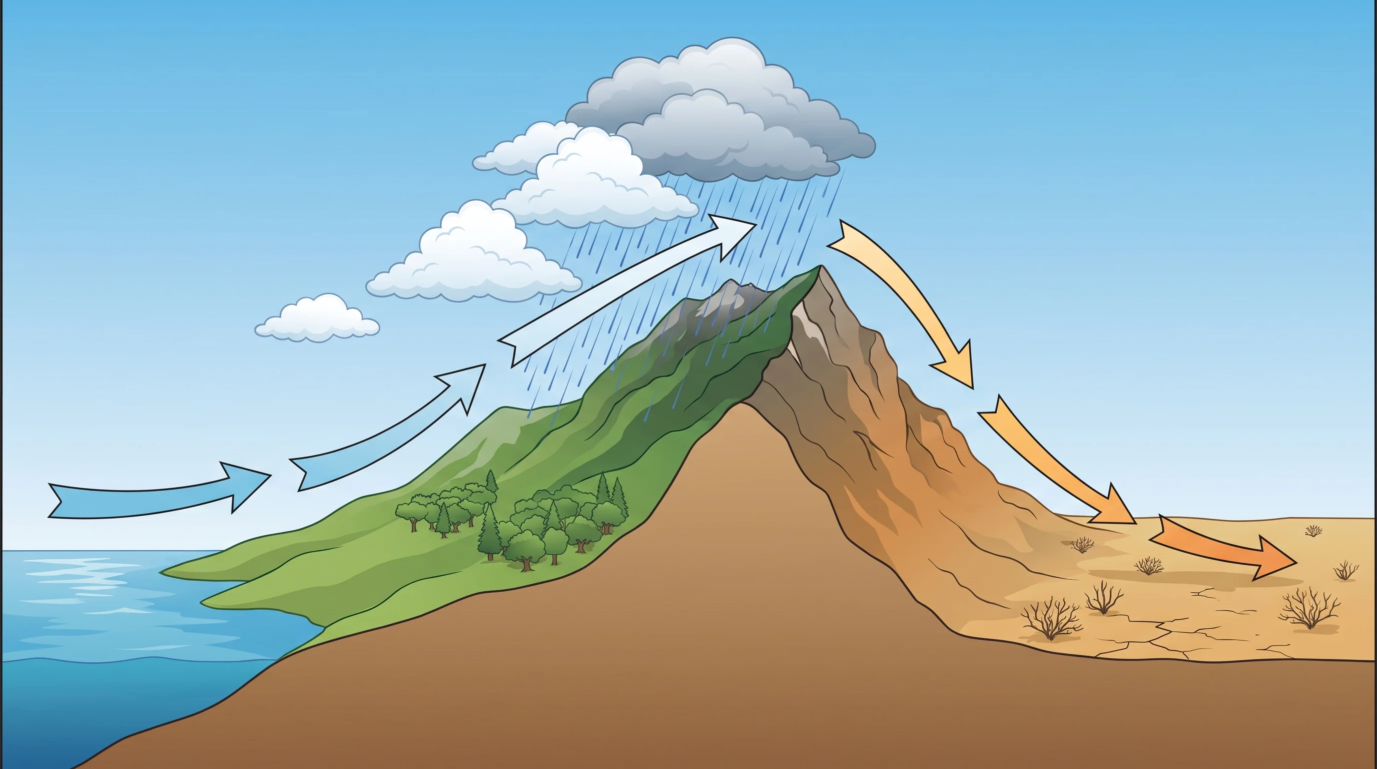 Unlabeled windward-to-leeward process diagram showing moist Pacific air rising up a generic mountain slope, cooling into clouds and rain near the crest, then descending as warmer, drier air over a generic desert floor, without naming or depicting a specific Southern California city or mountain range
