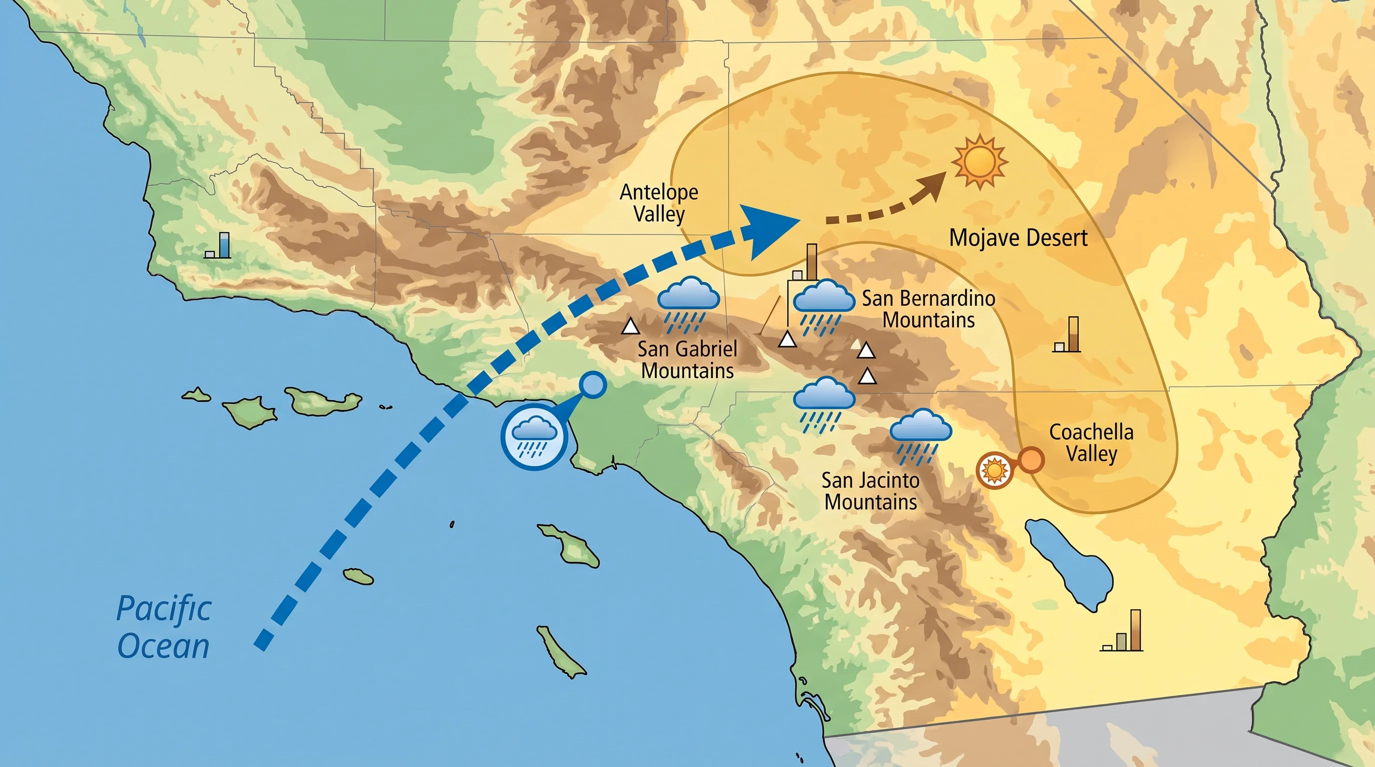 Regional map of Southern California aligning coastal, mountain, and desert stations with elevation labels, an arrow showing the prevailing west-to-southwest storm direction, and a shaded rain shadow zone over the Antelope Valley, Mojave Desert, and Coachella Valley