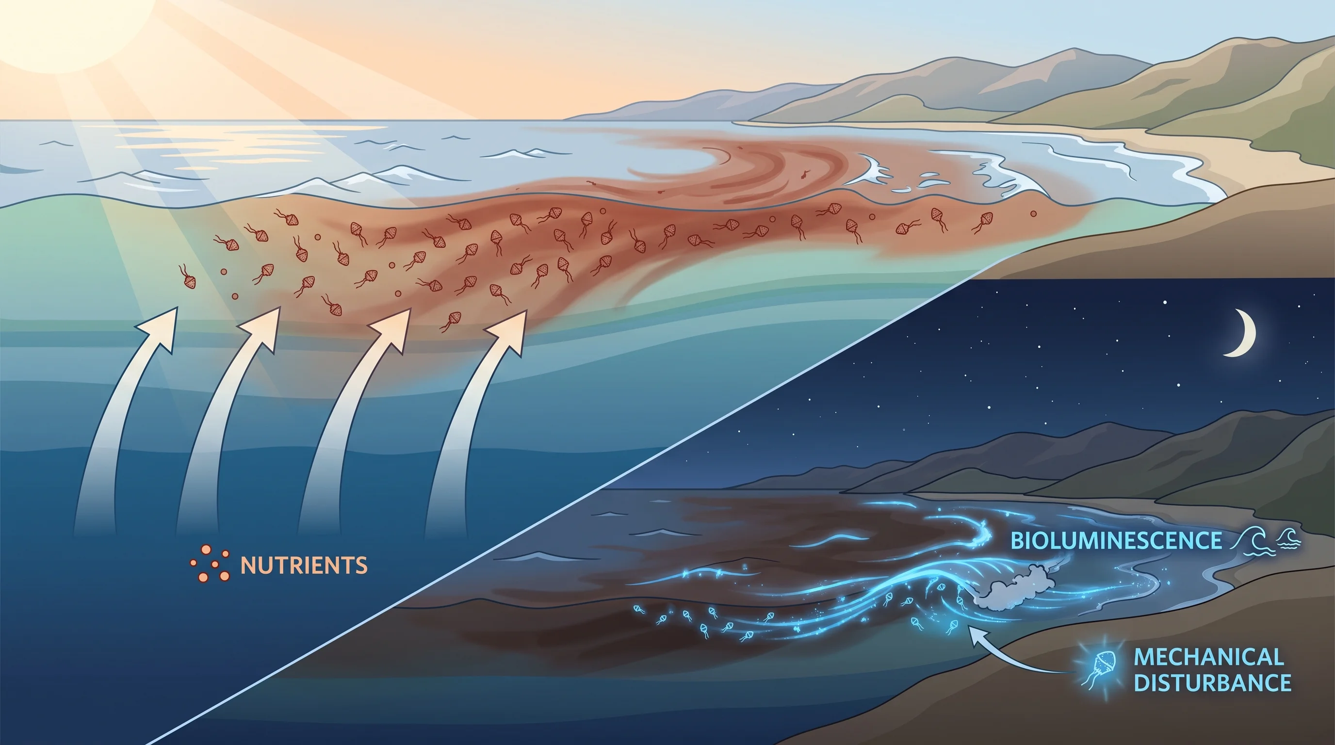 Diagram of a Southern California dinoflagellate bloom showing nutrient upwelling from deep water, sunlight and warm surface temperatures, a stratified water column concentrating algae near the surface, daytime reddish-brown discoloration, and mechanical wave action triggering blue bioluminescent light at night