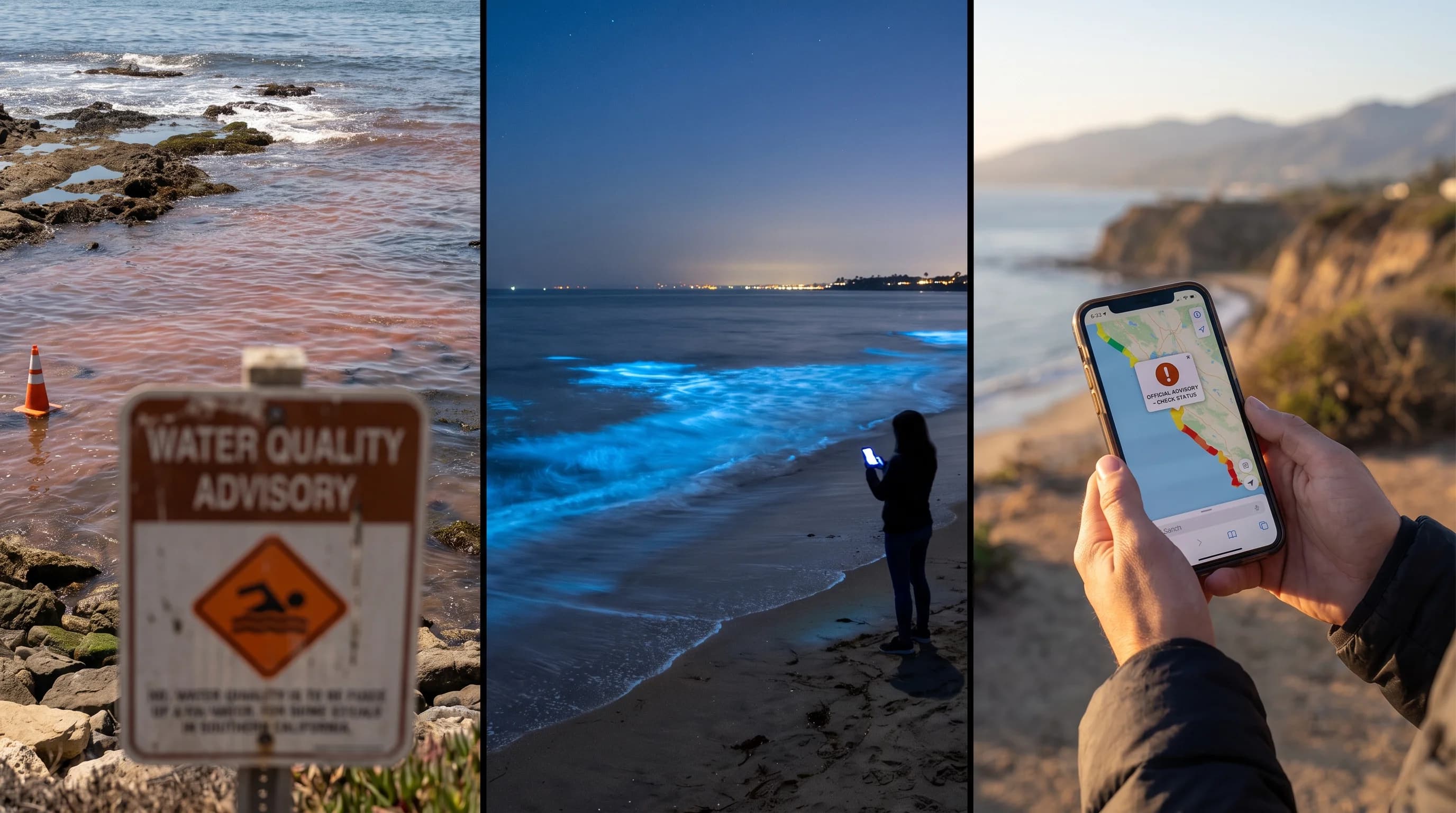 Reference table separating five bloom characteristics along the Southern California coast: visible reddish-brown discoloration, blue bioluminescent glow at night, toxin-producing species risk, low dissolved oxygen from bloom die-off, and where to check an official water-quality advisory