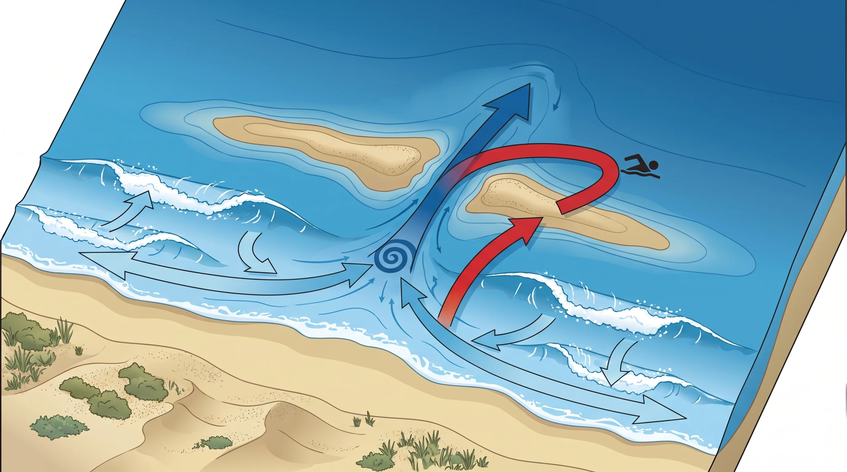 Overhead diagram of a Southern California surf zone showing waves piling water near the shoreline, feeder currents converging on a gap in an offshore sandbar, a concentrated seaward-flowing rip channel through the gap, and an arrow showing the correct escape path swimming parallel to shore before returning to the beach