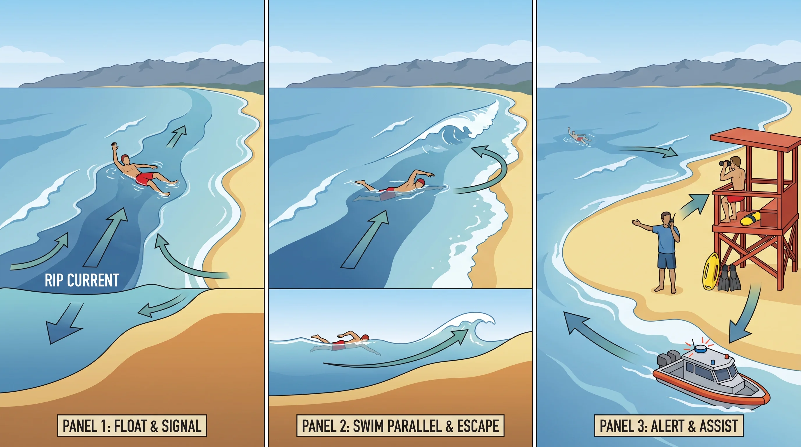 Rescue action graphic showing a swimmer floating and waving one arm to signal for help while caught in a rip current, a second panel showing the swimmer swimming parallel to shore before catching breaking waves back to the beach, and a third panel showing a bystander alerting a lifeguard rather than entering the water unassisted