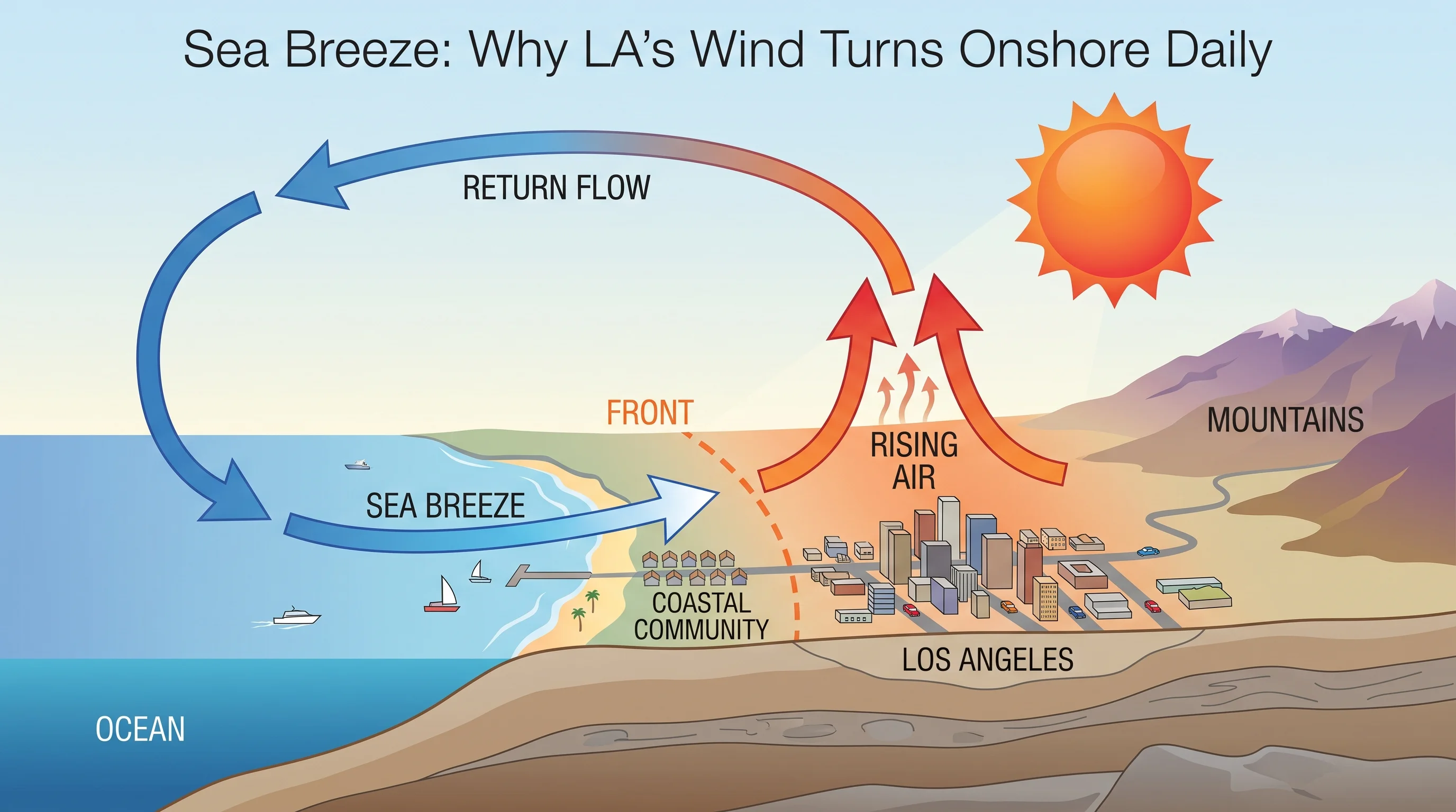 A daytime cross-section illustration showing the Pacific coast to inland Los Angeles, with warm rising air over heated land, a shallow onshore wind arrow at the surface labeled sea breeze, a return flow arrow aloft heading back toward the ocean, and a front position marker where the two air masses meet