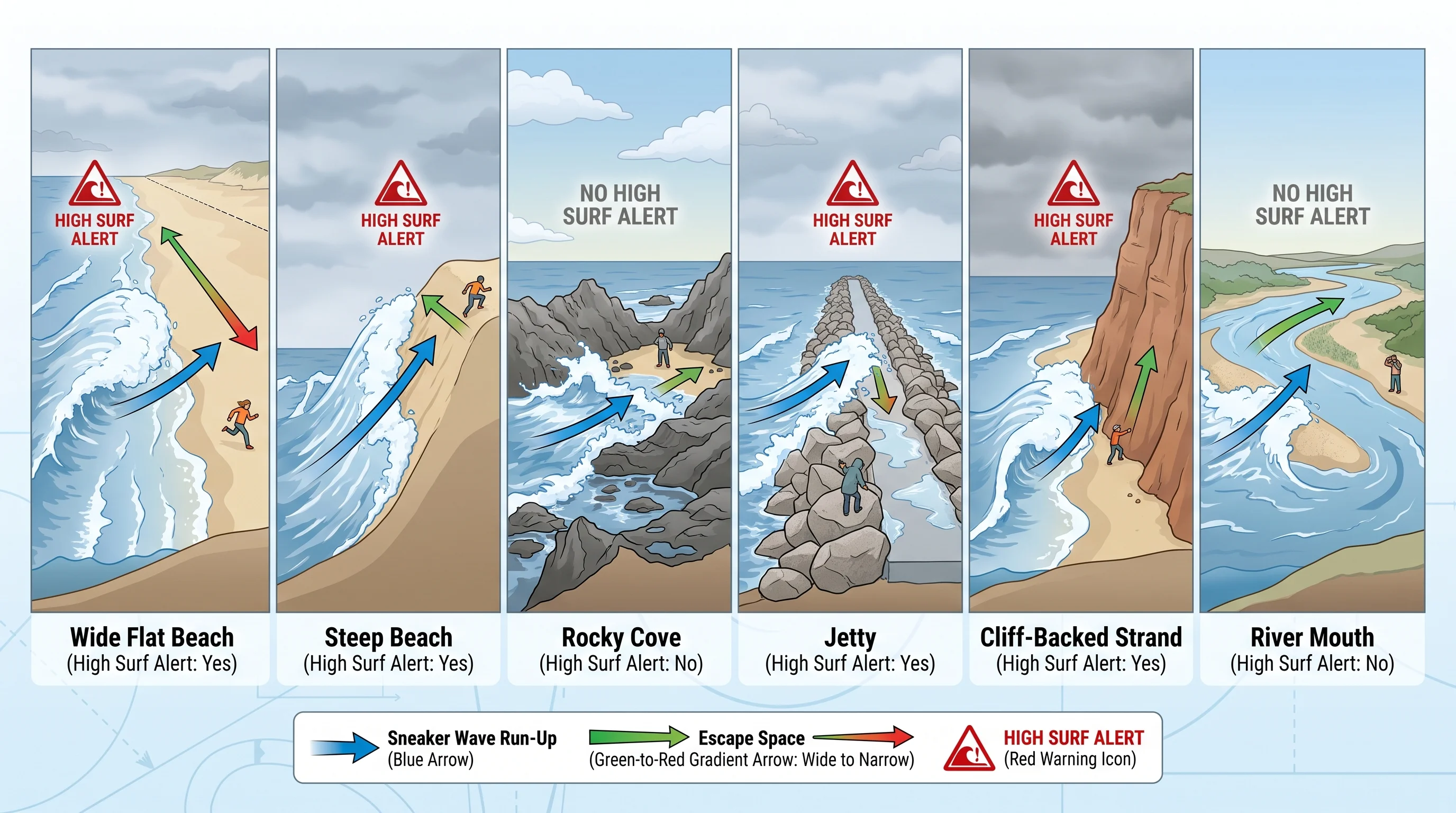 A shoreline comparison graphic showing a wide flat beach, a steep beach, a rocky cove, a jetty, a cliff-backed strand, and a river mouth, each labeled with relative escape space and whether a High Surf alert is in effect