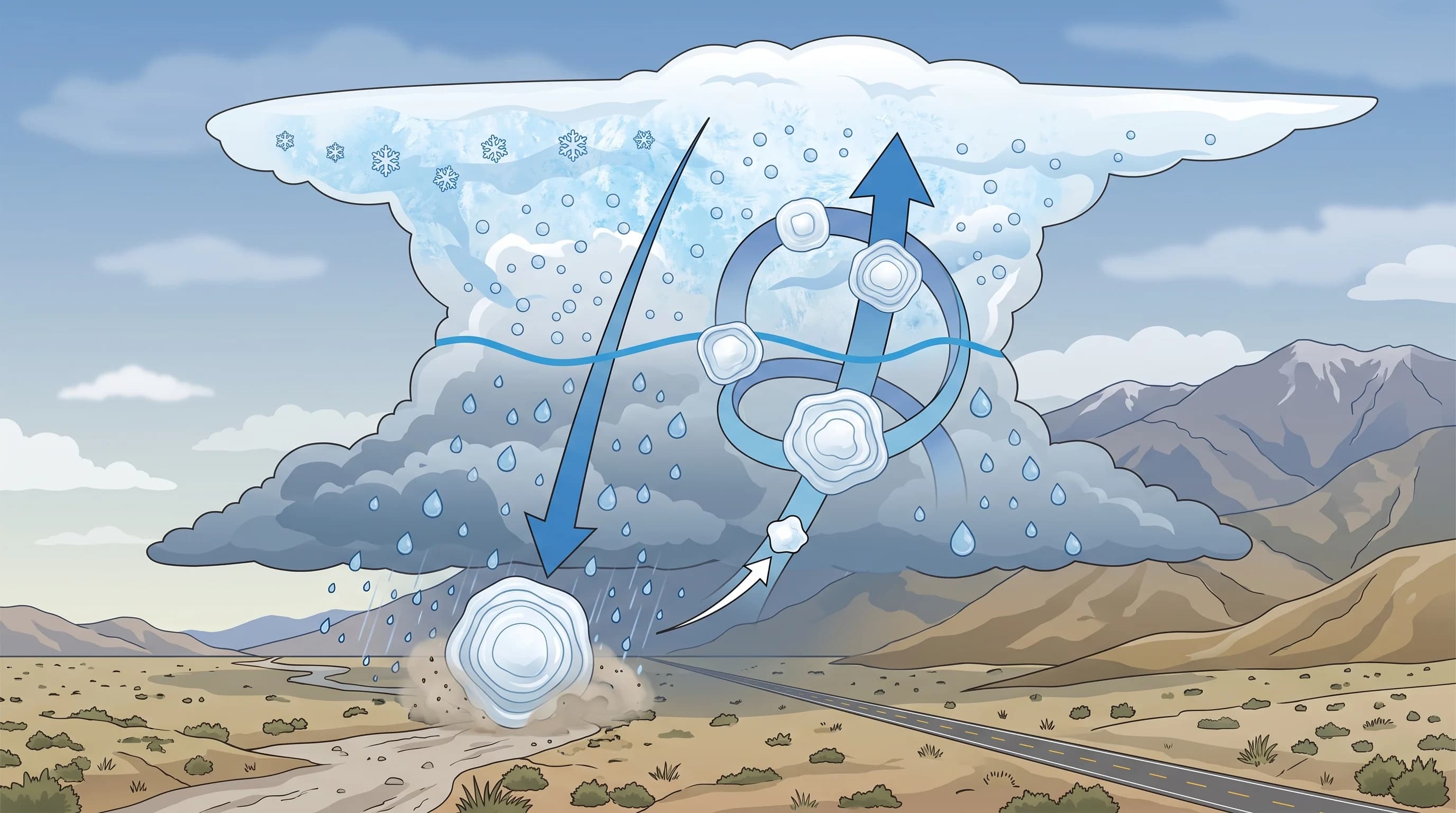 A thundercloud cutaway diagram showing an ice embryo entering the updraft, supercooled water droplets freezing onto it in layers, the freezing level marked partway up the cloud, and a finished hailstone falling through the downdraft to the ground