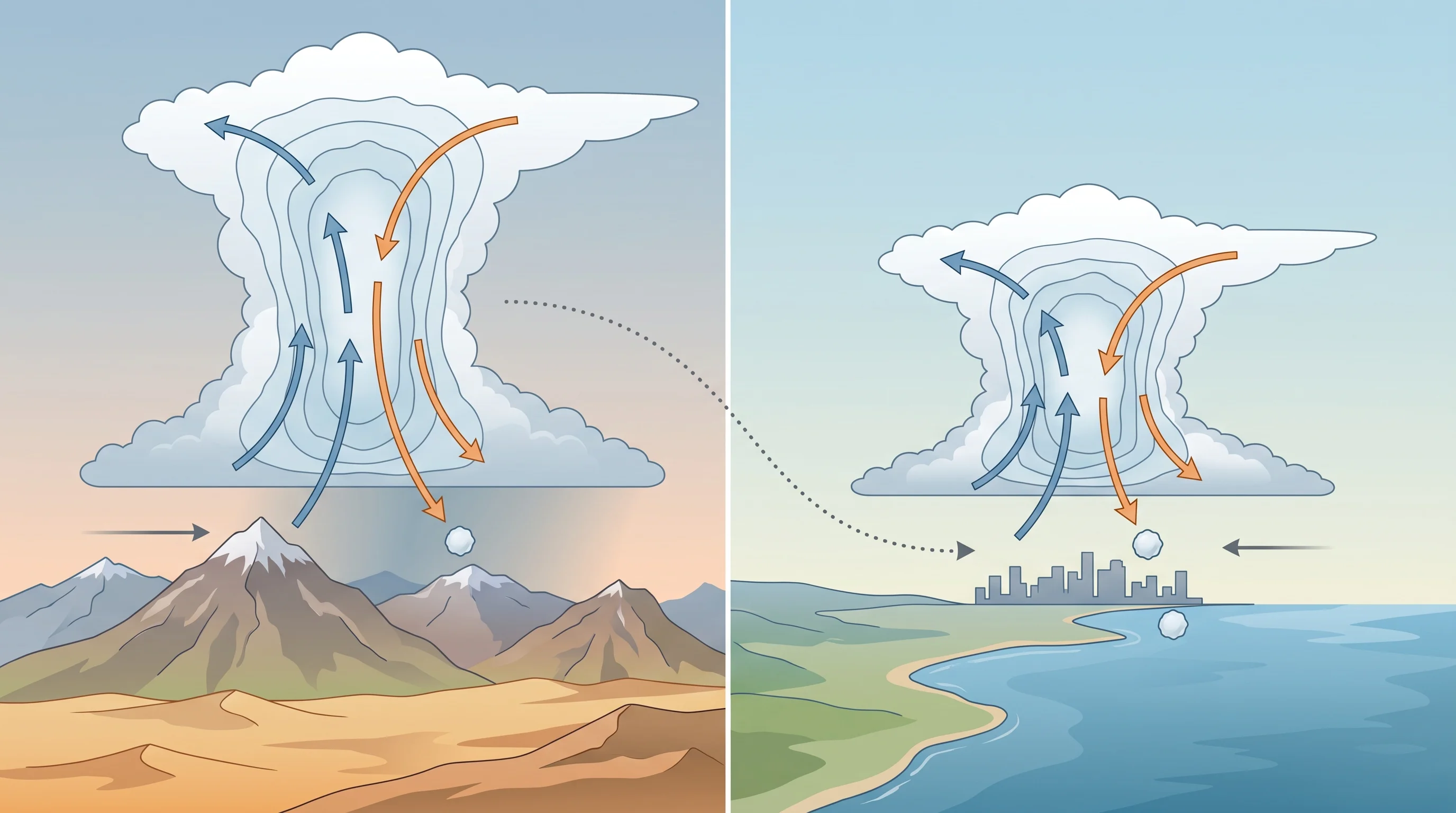 A Southern California map and seasonal chart showing summer monsoon thunderstorm hail concentrated over the mountains and deserts and cool-season hail from unstable Pacific storms reaching lower elevations including the Los Angeles Basin