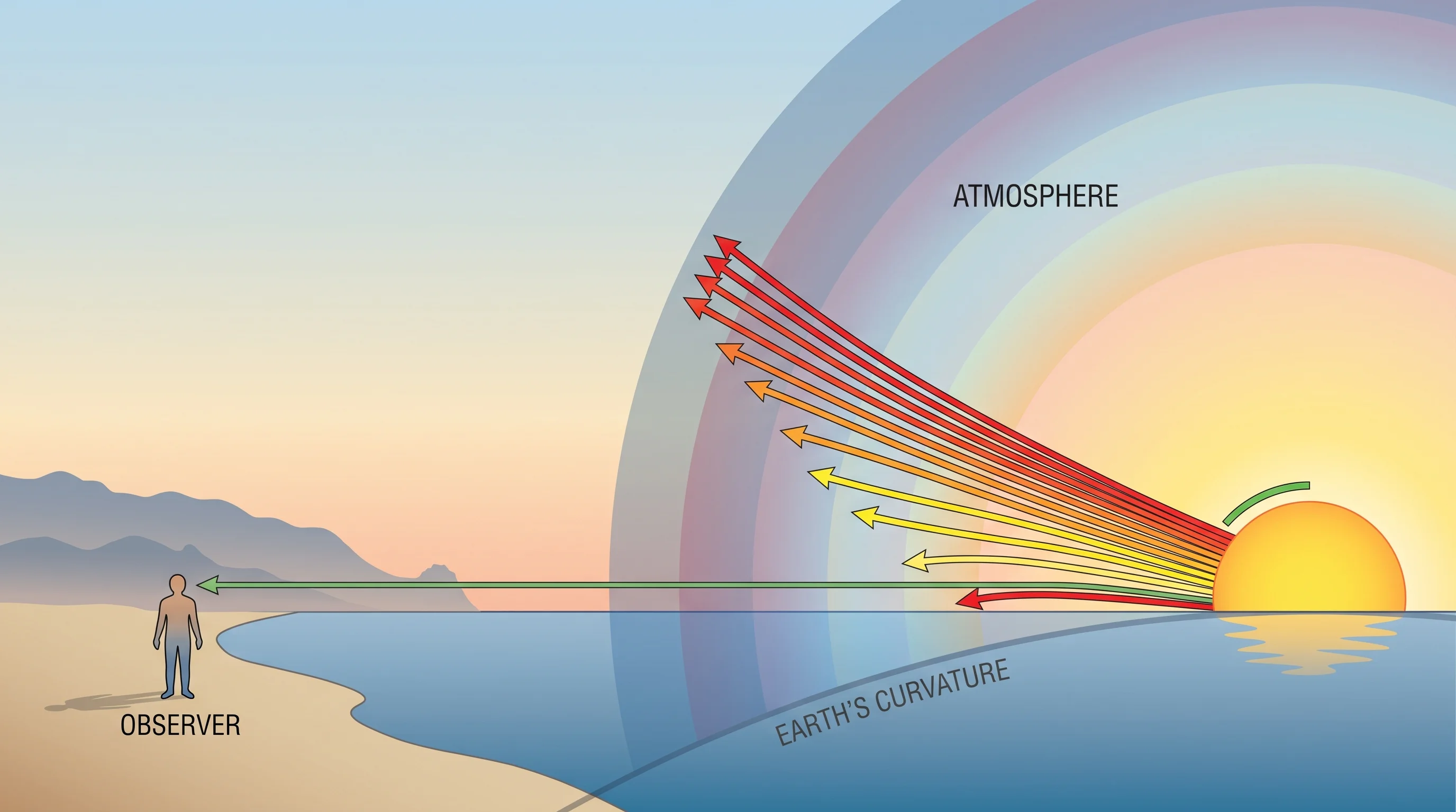 Diagram showing sunlight from the setting Sun's upper limb bending through the atmosphere near the ocean horizon, with red, orange, and yellow rays sinking out of view first and a thin green ray remaining visible to an observer on a beach