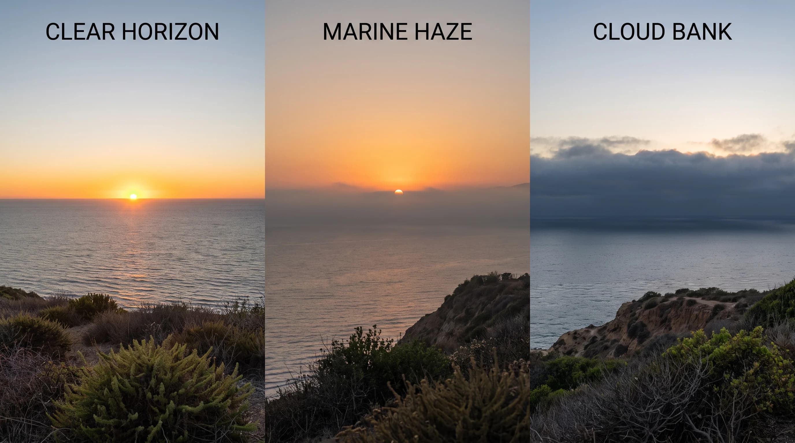 Side-by-side comparison of Southern California coastal horizons, one open and clear over the Pacific Ocean, one with low marine haze near the water, and one blocked by a bank of clouds sitting on the horizon