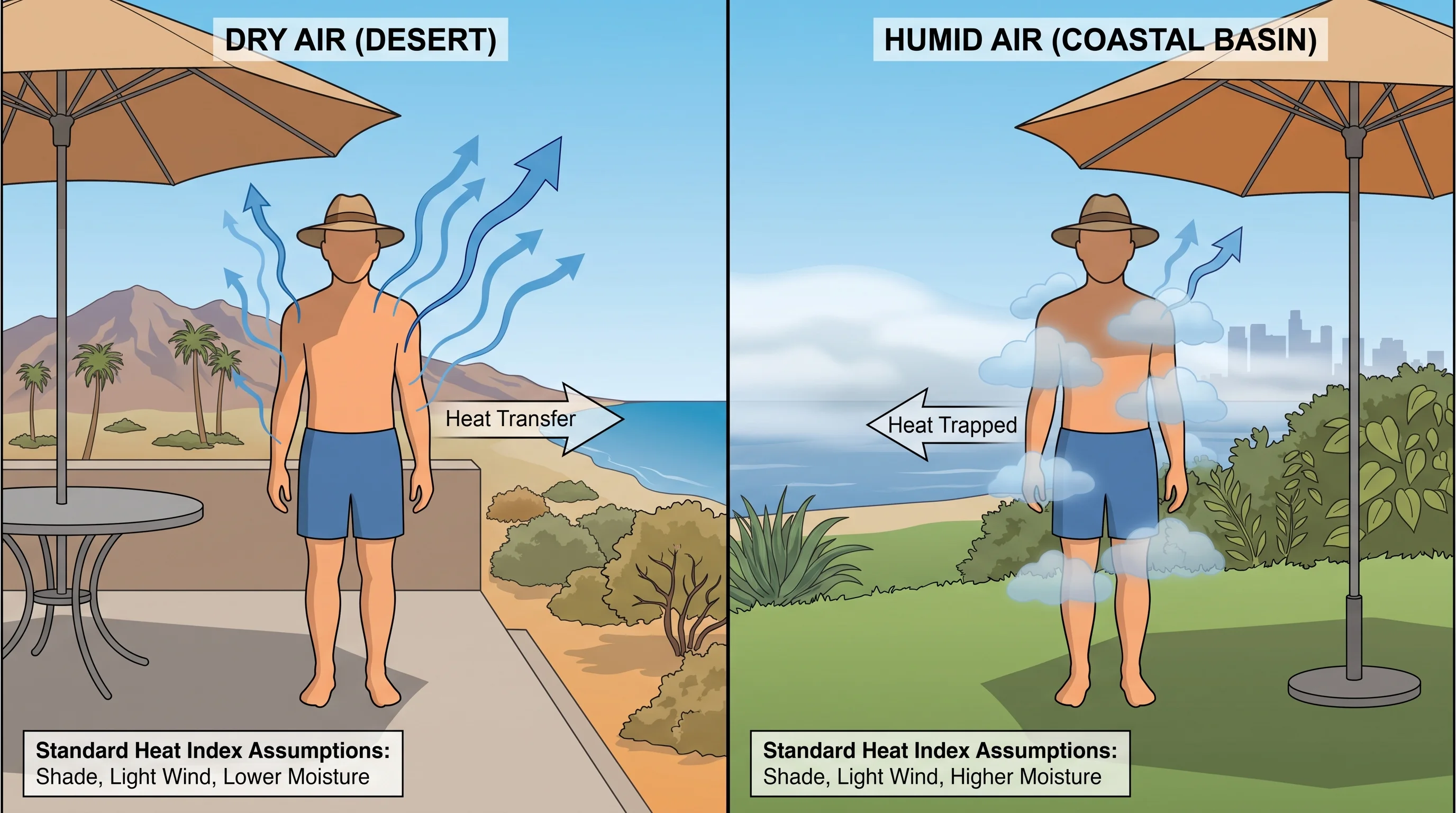A heat-balance diagram comparing sweat evaporation in dry air, where moisture lifts freely off the skin, against humid air, where saturated surrounding air slows evaporation and traps heat near the body, with labels for the standard heat index shade and light wind assumptions