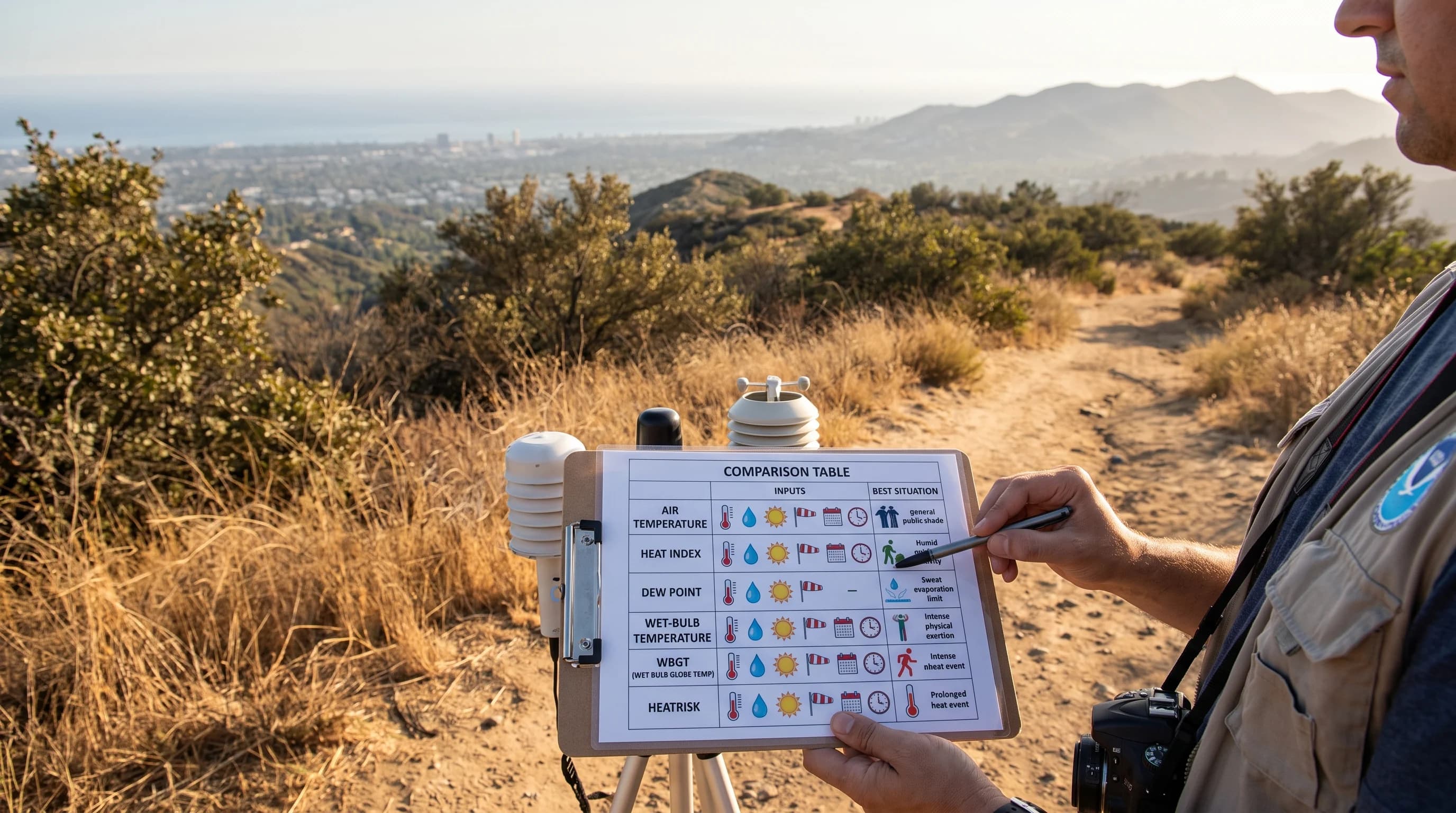 A comparison table listing air temperature, heat index, dew point, wet-bulb temperature, WBGT, and HeatRisk side by side with the inputs each metric uses and the situation each one is best suited for