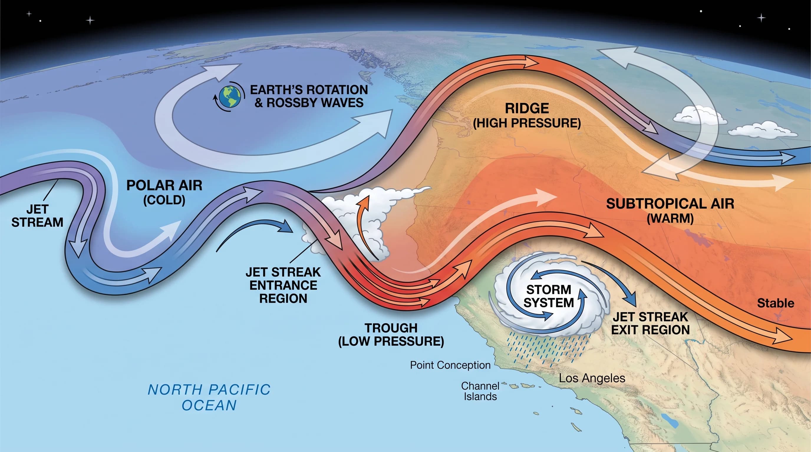 An upper-atmosphere diagram showing the temperature contrast between polar and subtropical air, Earth's rotation bending wind into Rossby waves, a jet streak's entrance and exit regions, and labeled ridge and trough patterns