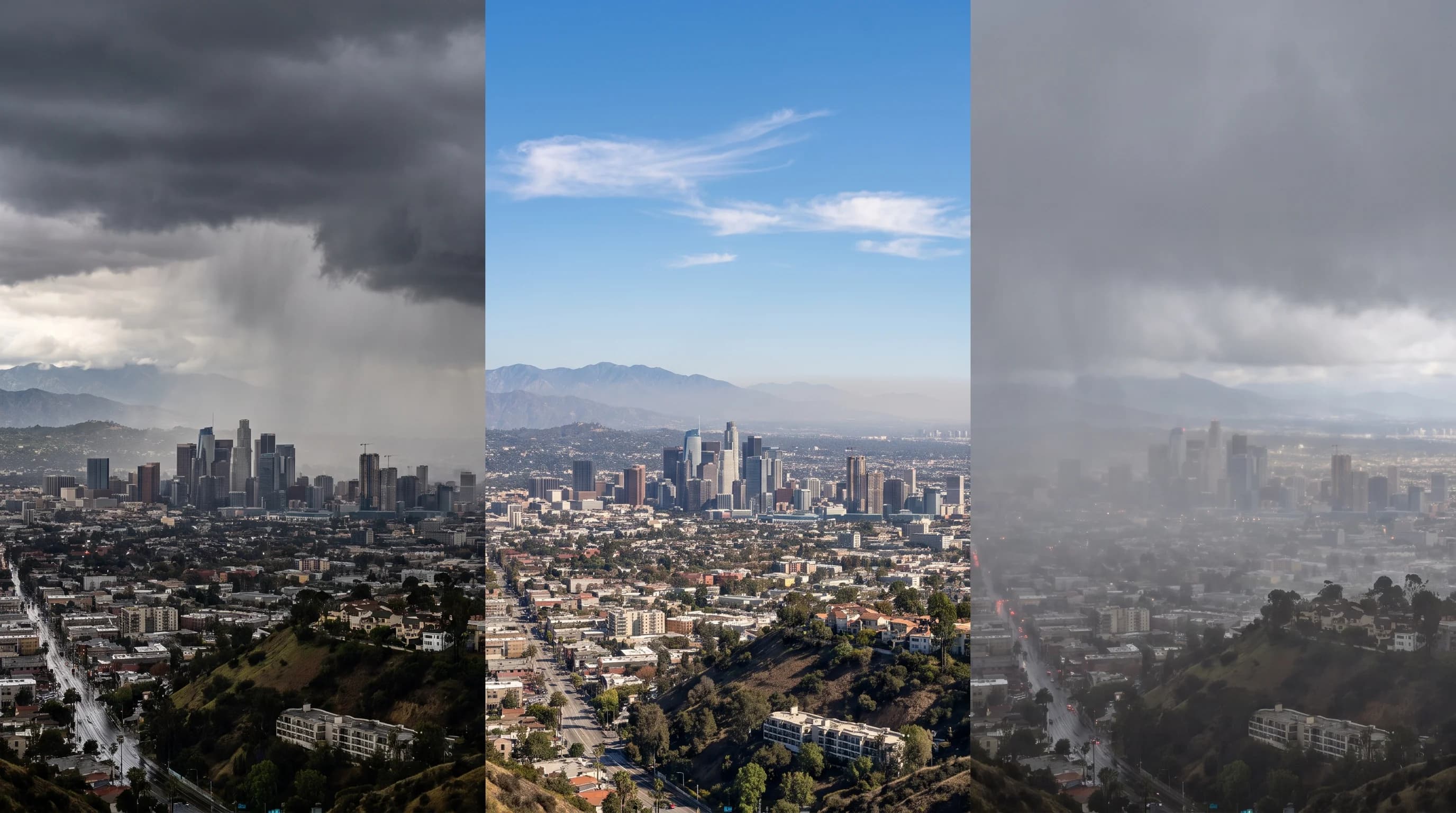 Three side-by-side forecast panels showing a storm-directed trough aimed at California, a blocking ridge deflecting storms north, and a subtropical jet aligned with an atmospheric river, each labeled with the resulting Southern California surface weather