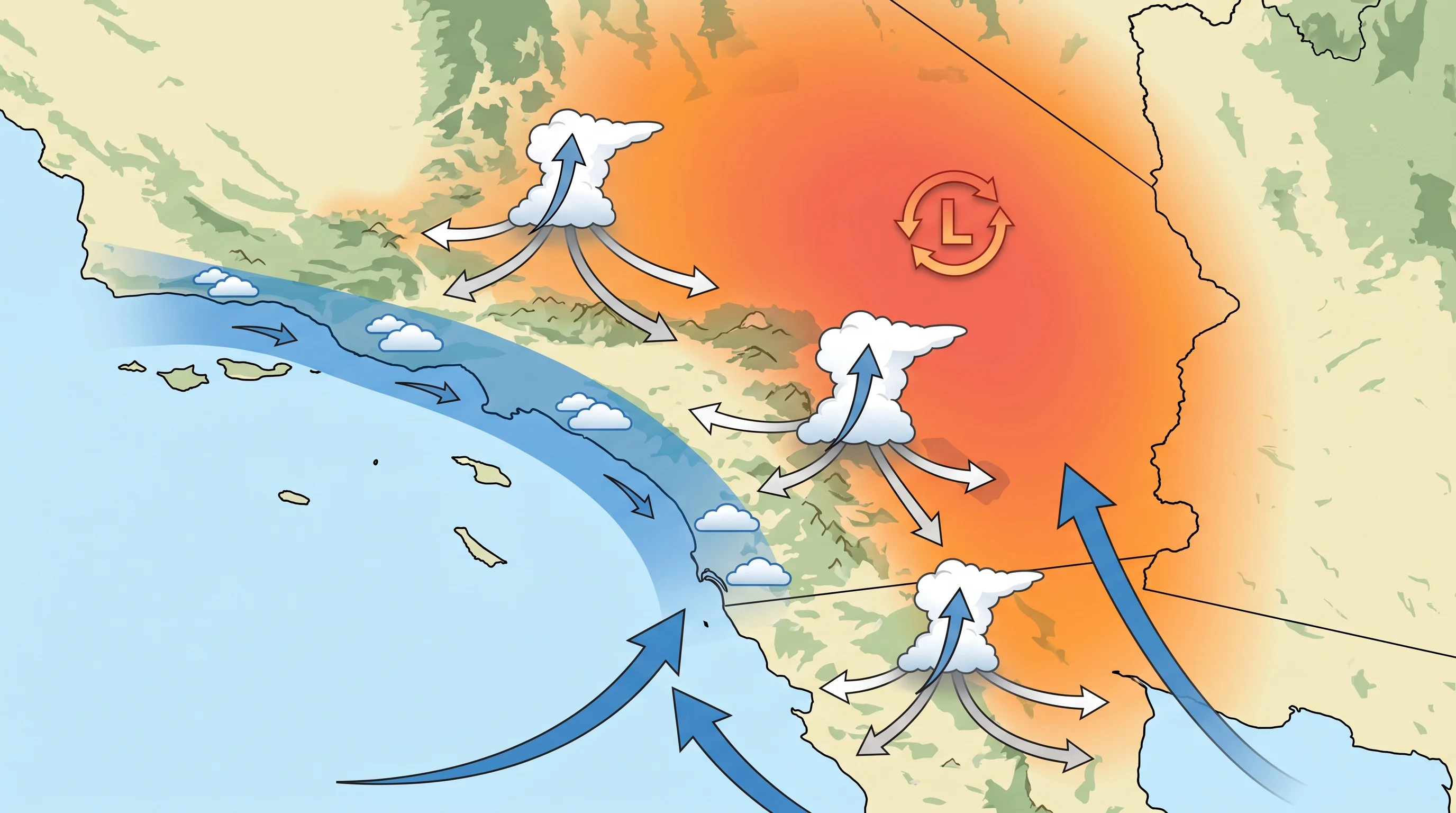 A Southwest circulation map showing seasonal desert heating, moisture pathways arrowed in from the Gulf of California and eastern Pacific, terrain lift over mountain ranges, and thunderstorm outflow spreading across the desert floor