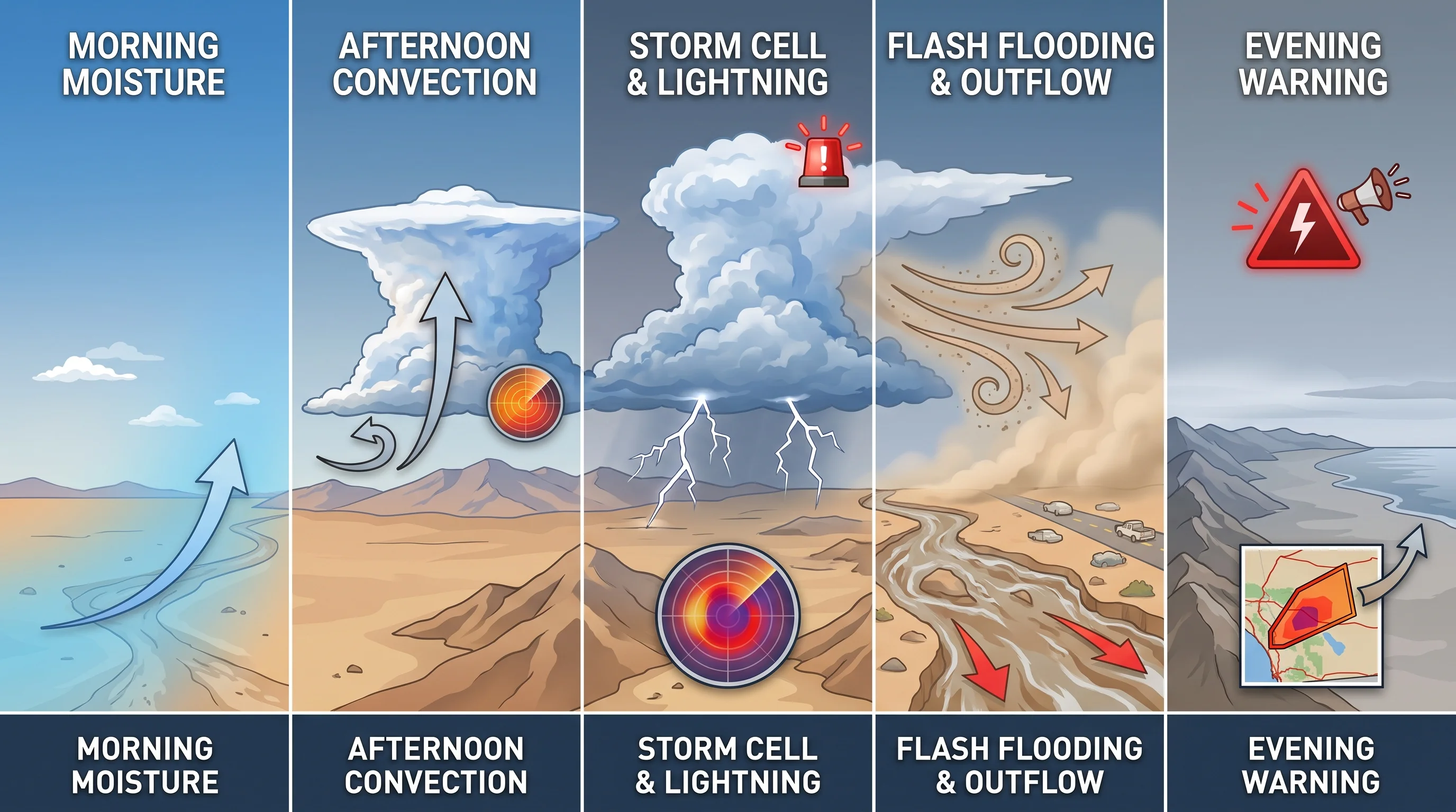 A desert visitor timeline graphic showing morning moisture buildup, afternoon thunderstorm tower growth, a radar-tracked storm cell, lightning strikes, wash flooding, dusty outflow winds, and the issuance of an official weather warning