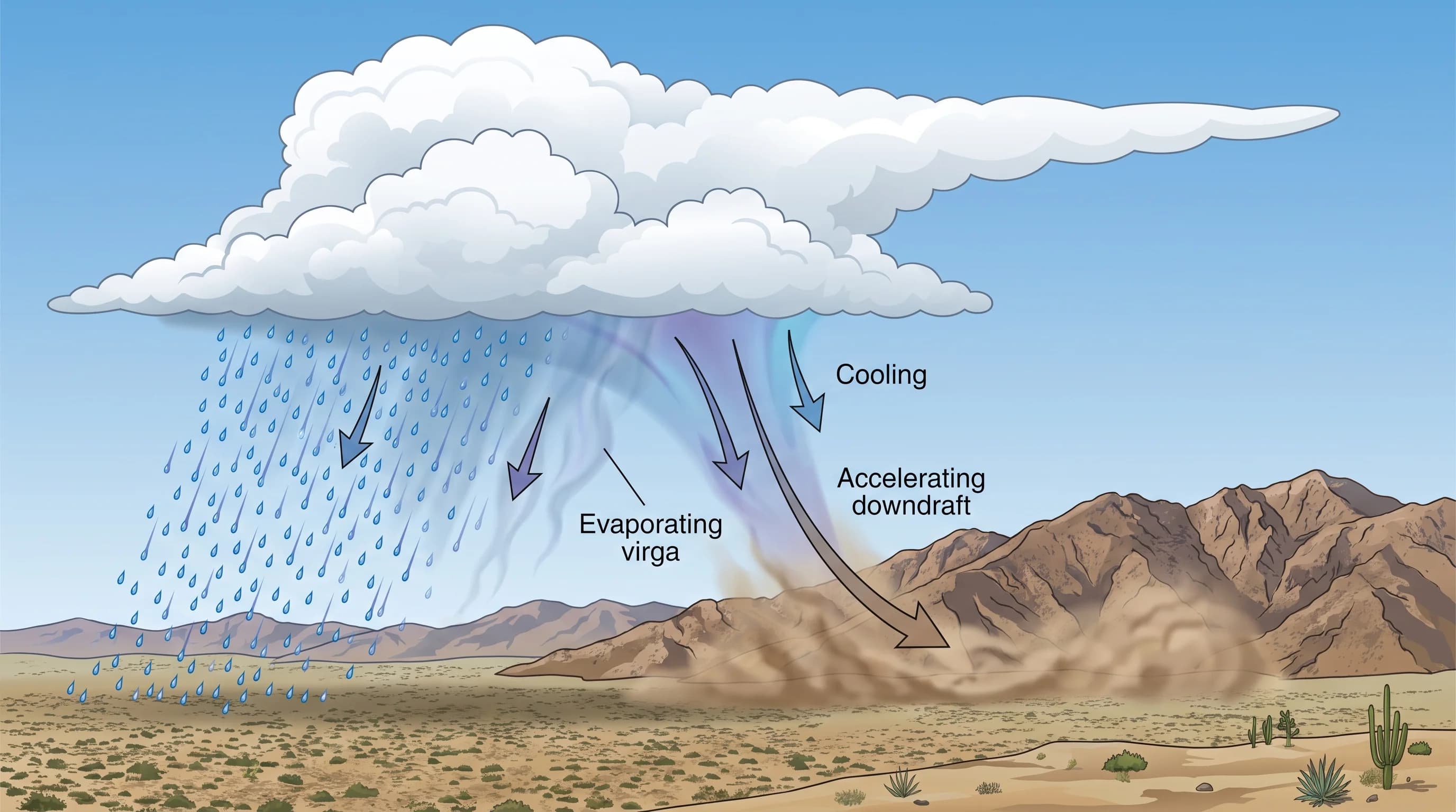 A cloud-to-ground profile diagram showing falling drops entering dry air, evaporation, cooling, shrinking drop size, downdraft acceleration, and possible dust outflow