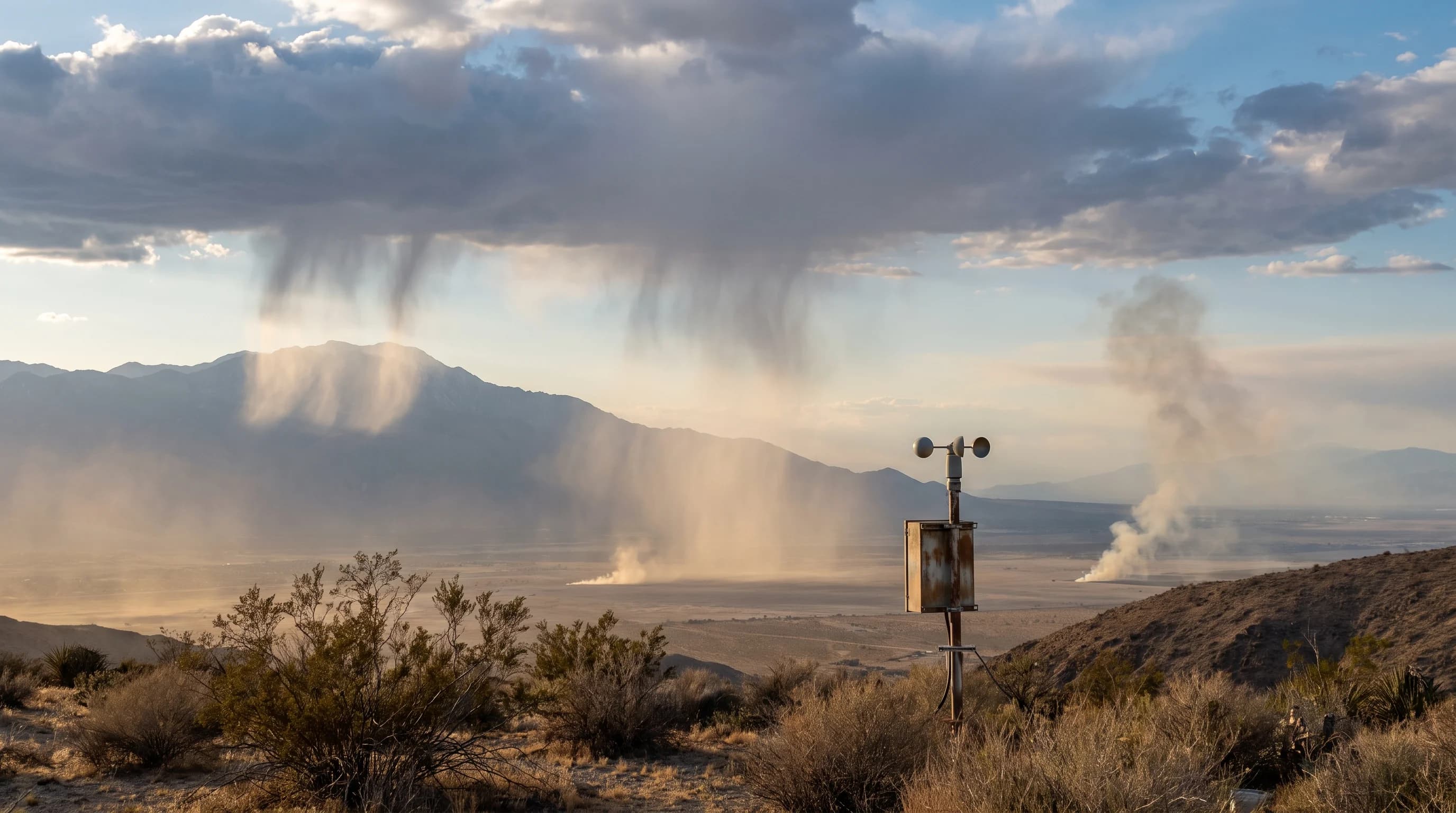 A field comparison of virga, rain reaching the ground, smoke plume, dust curtain, and distant terrain haze using radar and surface observations