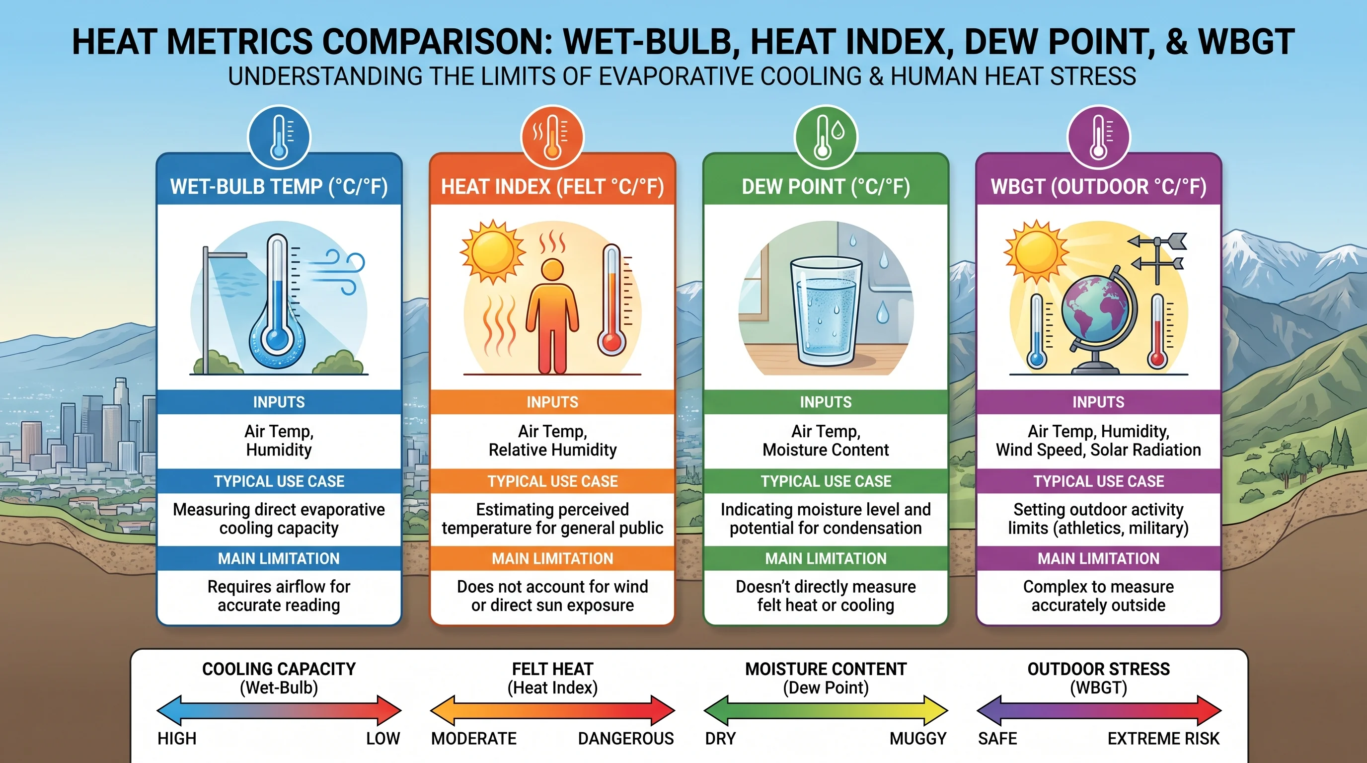 A labeled comparison graphic showing wet-bulb temperature, heat index, dew point, and Wet Bulb Globe Temperature side by side with their inputs, typical use case, and main limitation