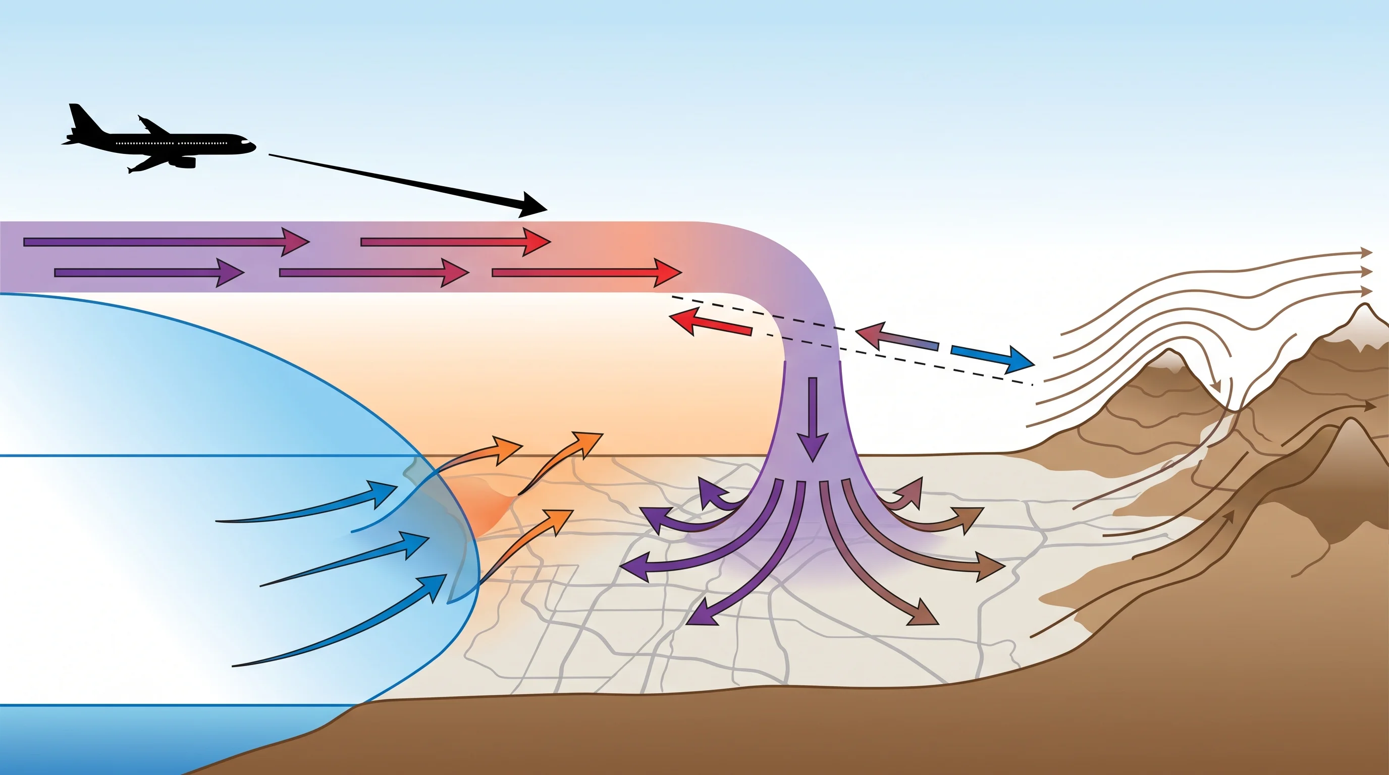 A final-approach cross-section diagram showing a sea-breeze boundary, a vertical wind shear layer, a microburst outflow spreading at the surface, a headwind-to-tailwind transition, and terrain influence from nearby mountains