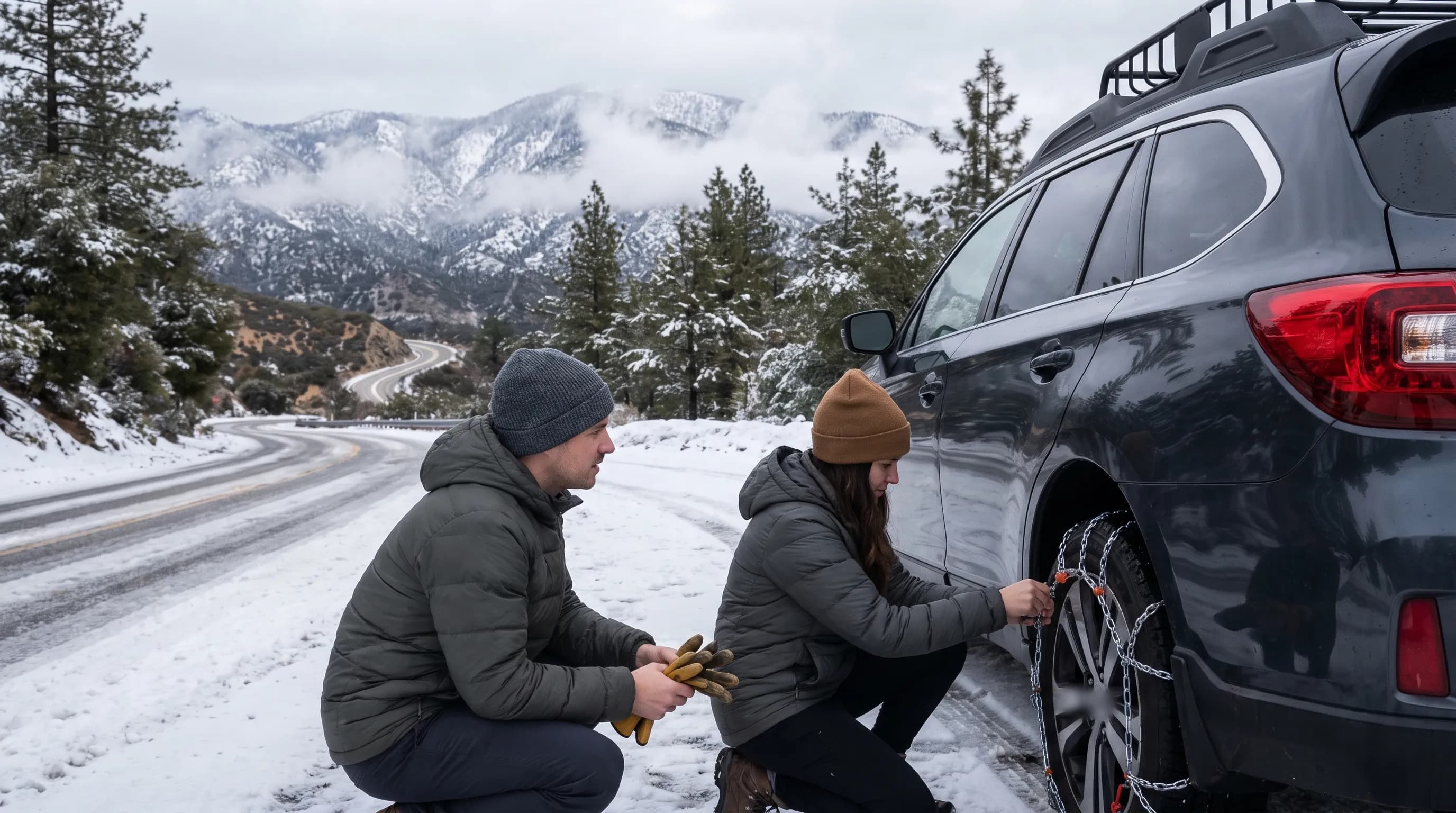 Travelers in winter jackets and knit hats beside a snowy mountain road lined with pines, with snow chains fitted on a car tire