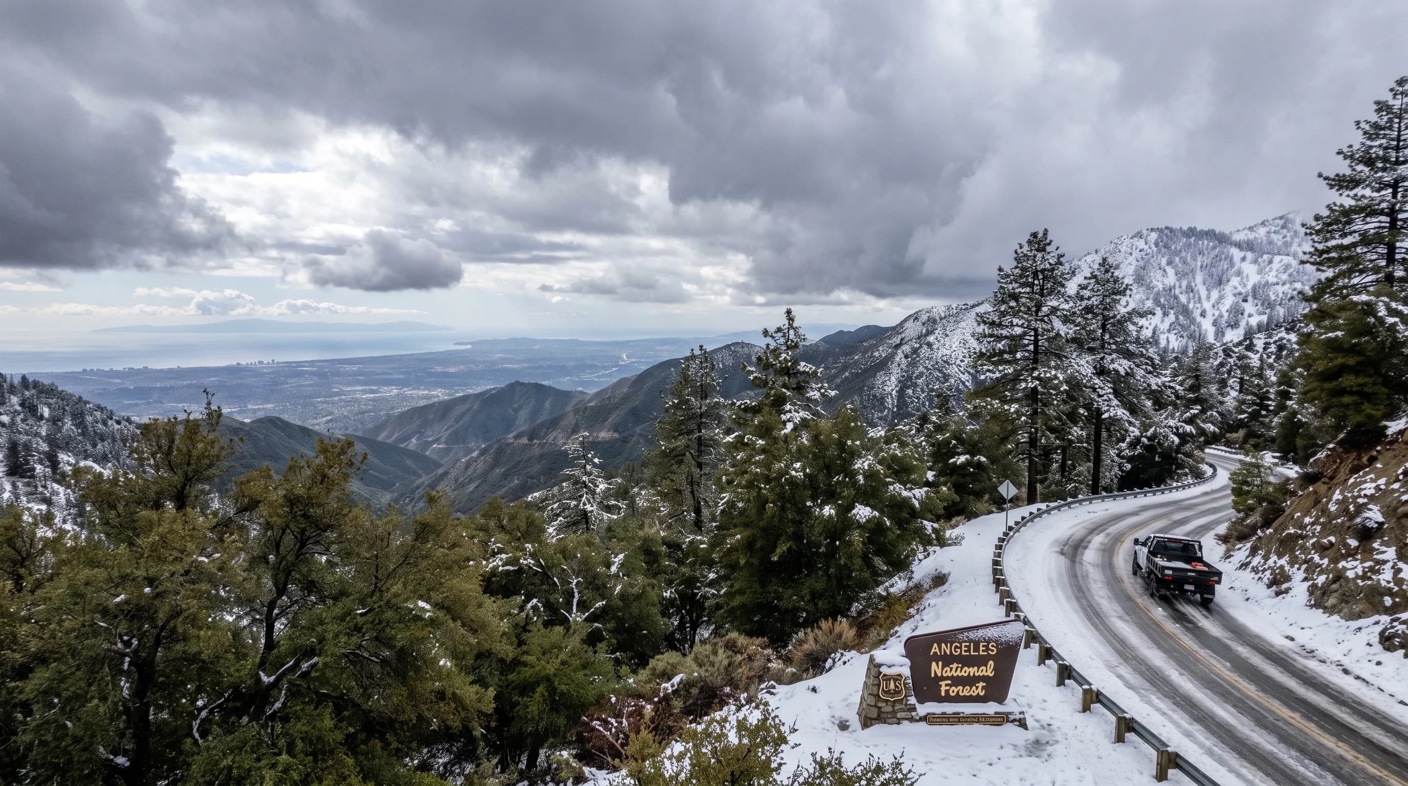 A Southern California elevation ladder placing coast, basin, foothill, mountain towns, and peaks against changing storm snow levels