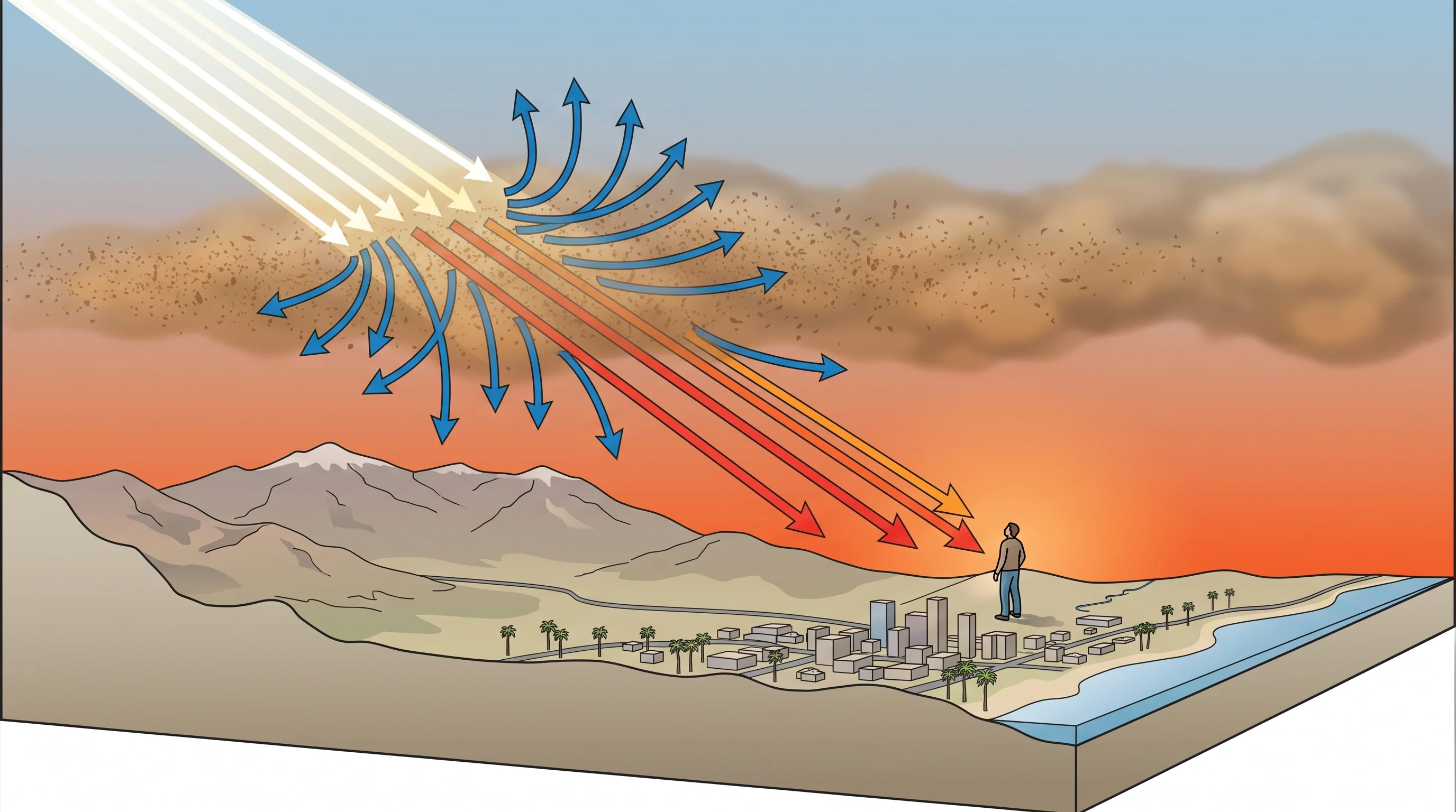 A light-path diagram showing sunlight entering a smoke layer, blue wavelengths scattering away in multiple directions, and longer red and orange wavelengths continuing in a direct path to an observer below