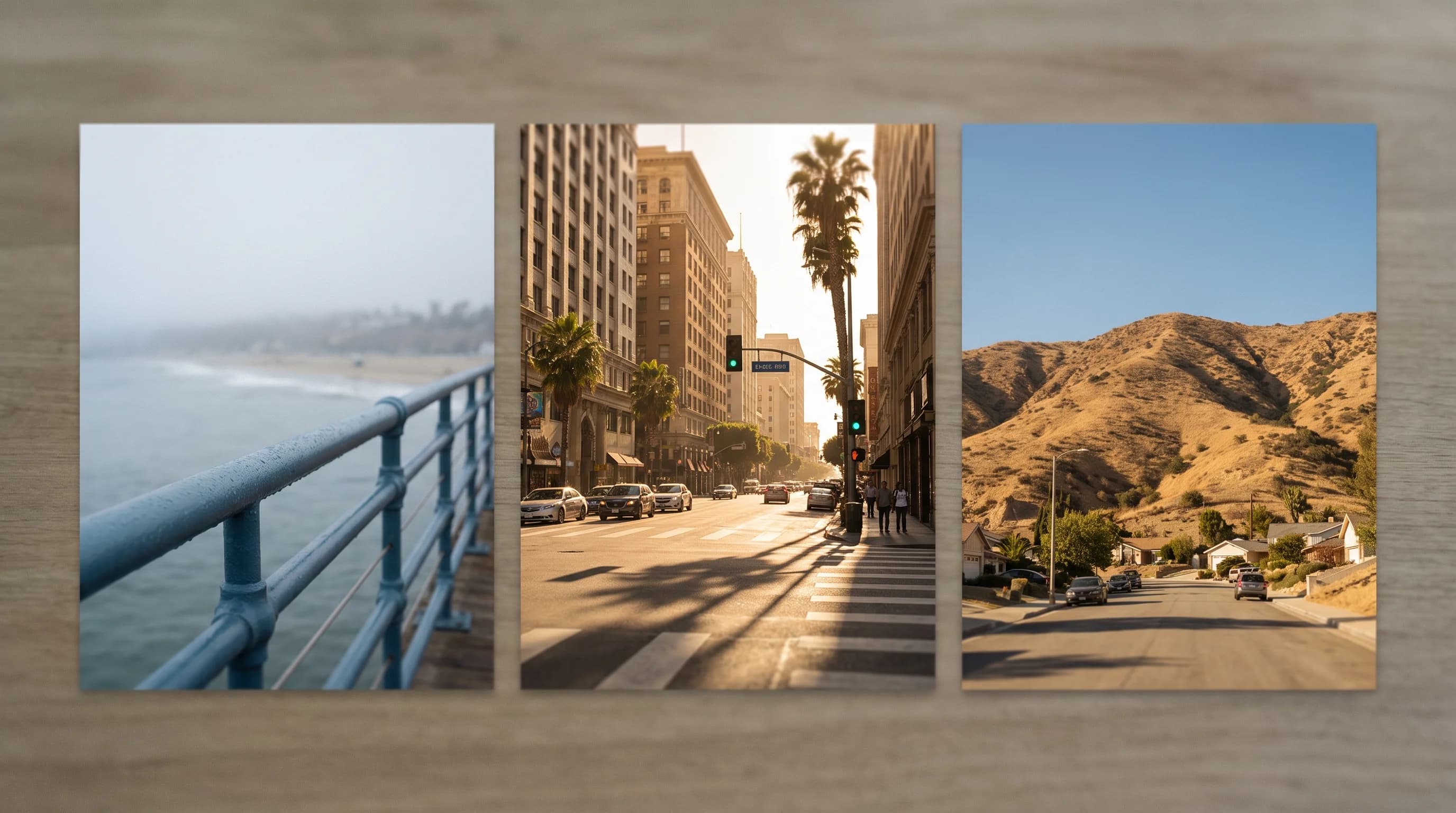 A same-hour comparison grid of Los Angeles destinations, listing Santa Monica, Downtown Los Angeles, Woodland Hills, Pasadena, Wrightwood, and Palm Springs with their approximate distance from the ocean, elevation, and typical afternoon conditions