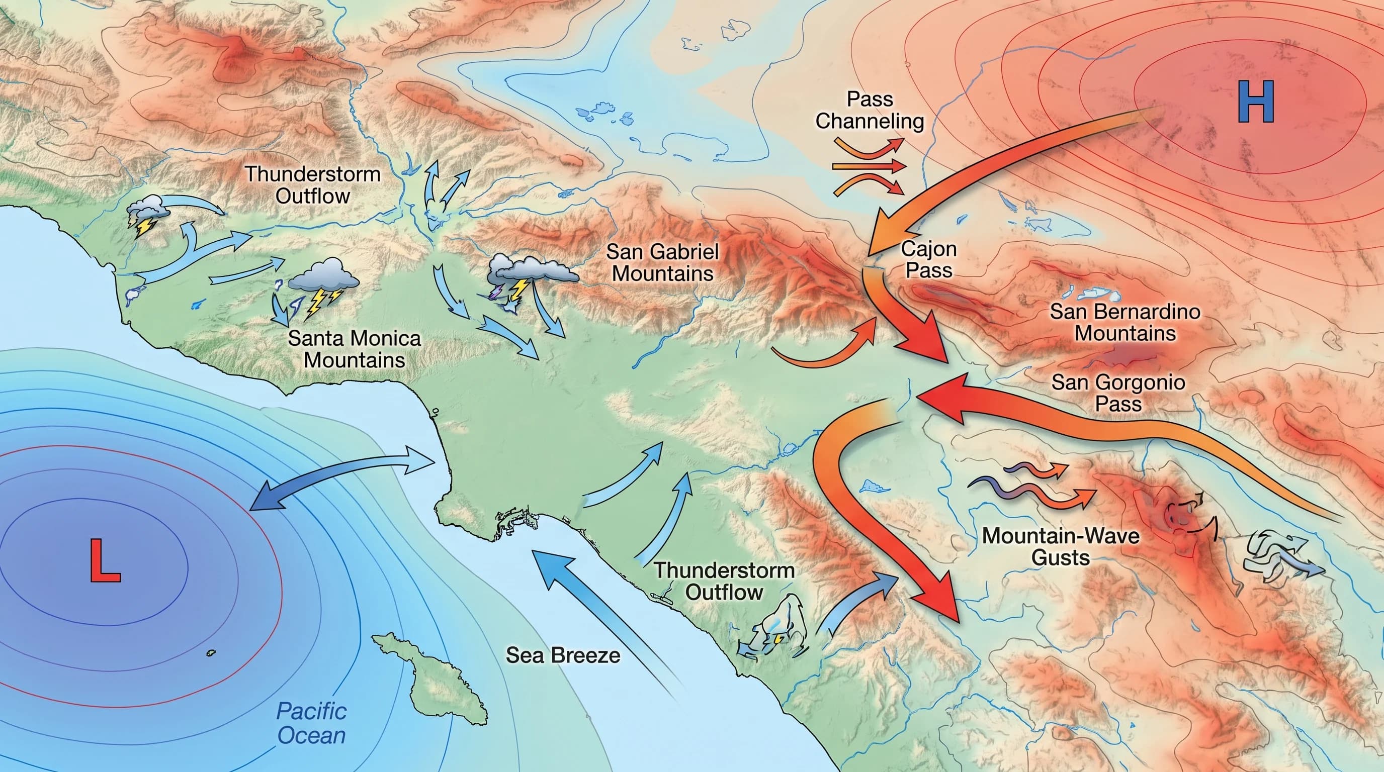A terrain airflow map showing pressure gradient, pass channeling, downslope acceleration, mountain-wave gusts, sea breeze, and thunderstorm outflow across the Los Angeles Basin and surrounding mountains