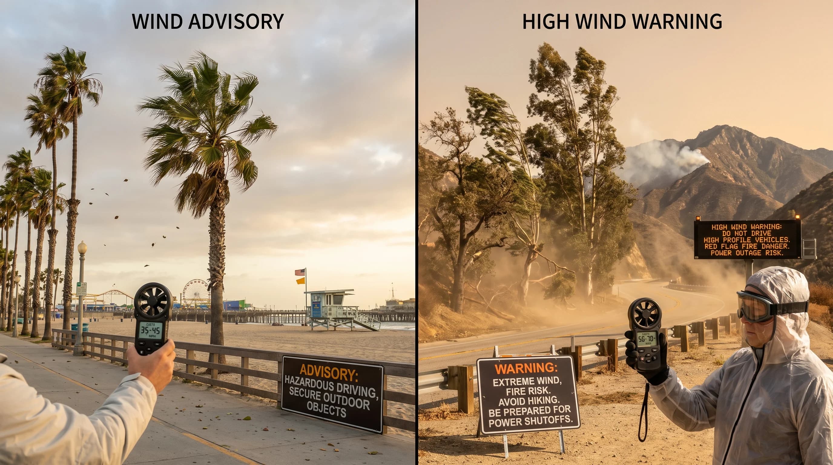 A decision table matching forecast gust speed and direction with Wind Advisory or High Wind Warning status, plus driving, hiking, event, power, and fire-weather implications for Los Angeles